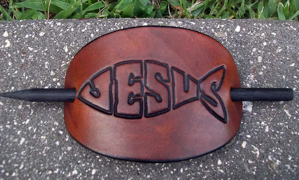 Christian Fish Jesus Leather Stick Barrettes