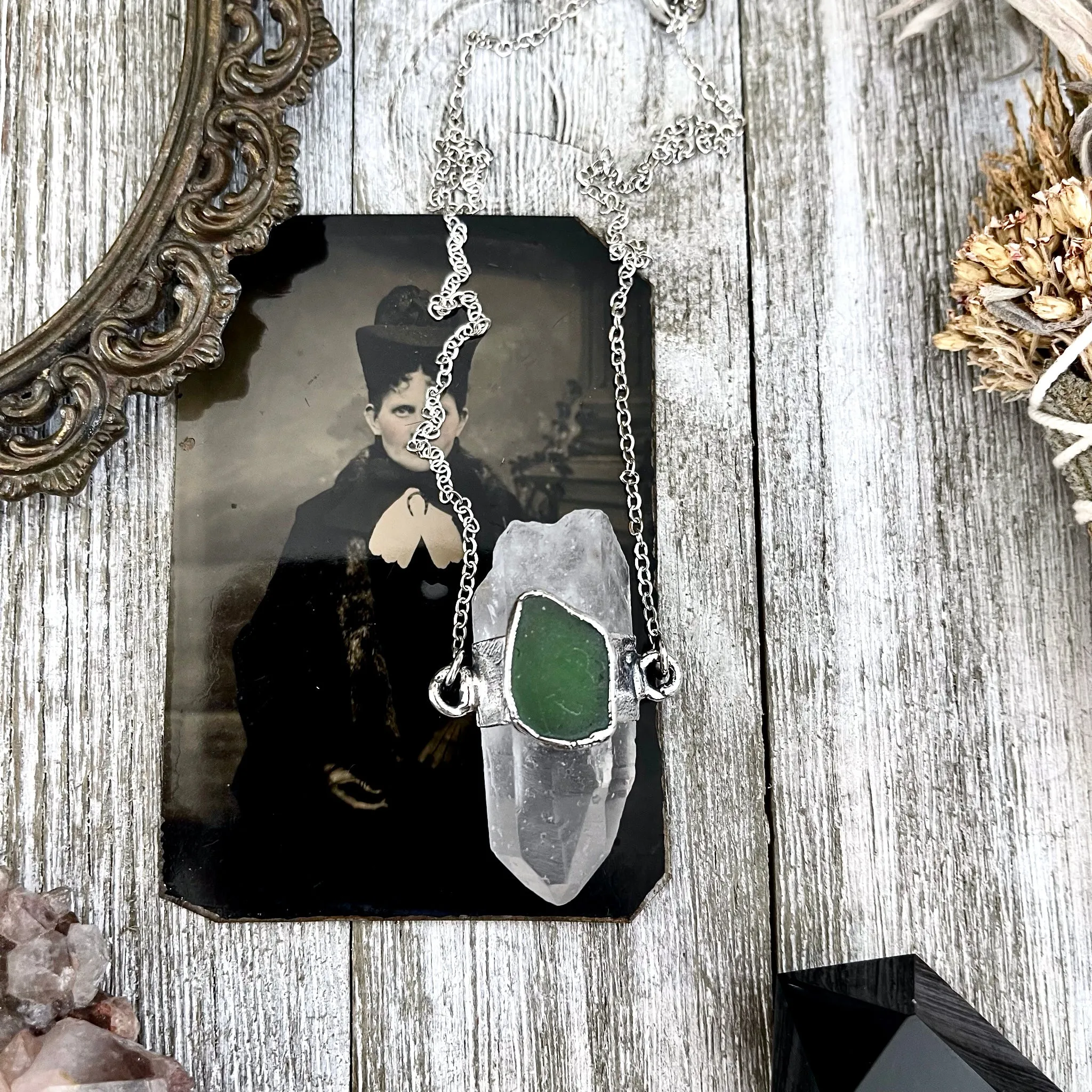 Clear Quartz & Green Sea Glass Crystal Statement Necklace in Fine Silver / Foxlark Collection - One of a Kind