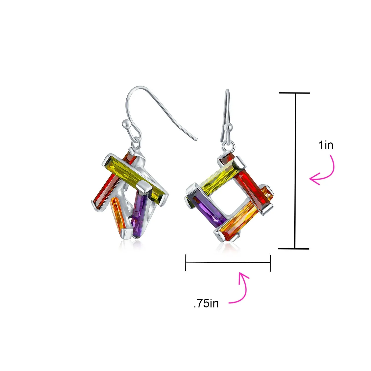 Colorful Multicolor CZ Geometric Criss Cross Square Dangle Earrings