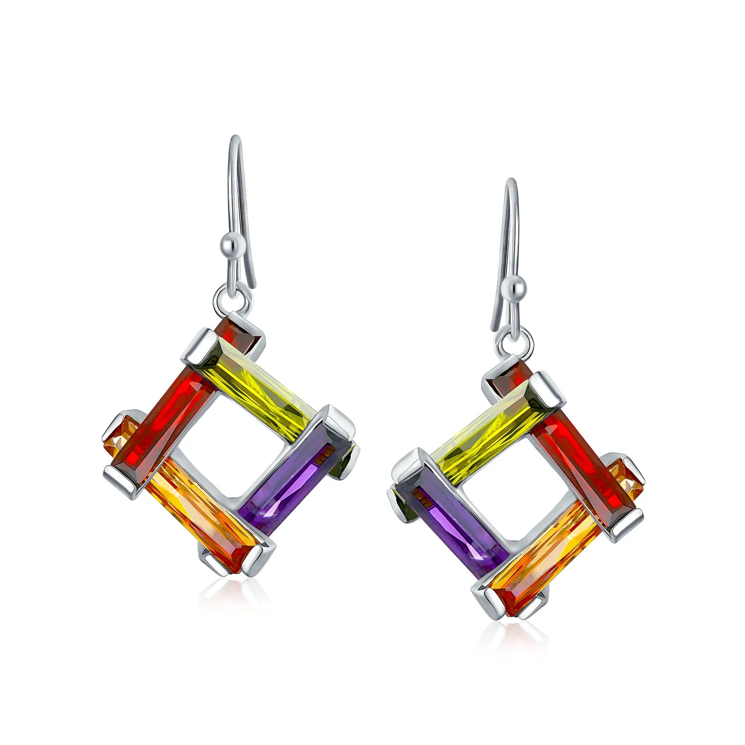 Colorful Multicolor CZ Geometric Criss Cross Square Dangle Earrings