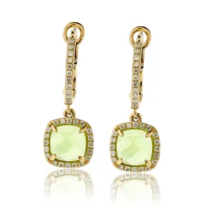 Cushion-Cut Peridot and Diamond Halo Drop Earrings