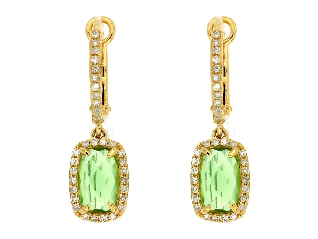 Cushion Peridot and Diamond Halo Dangle Earrings