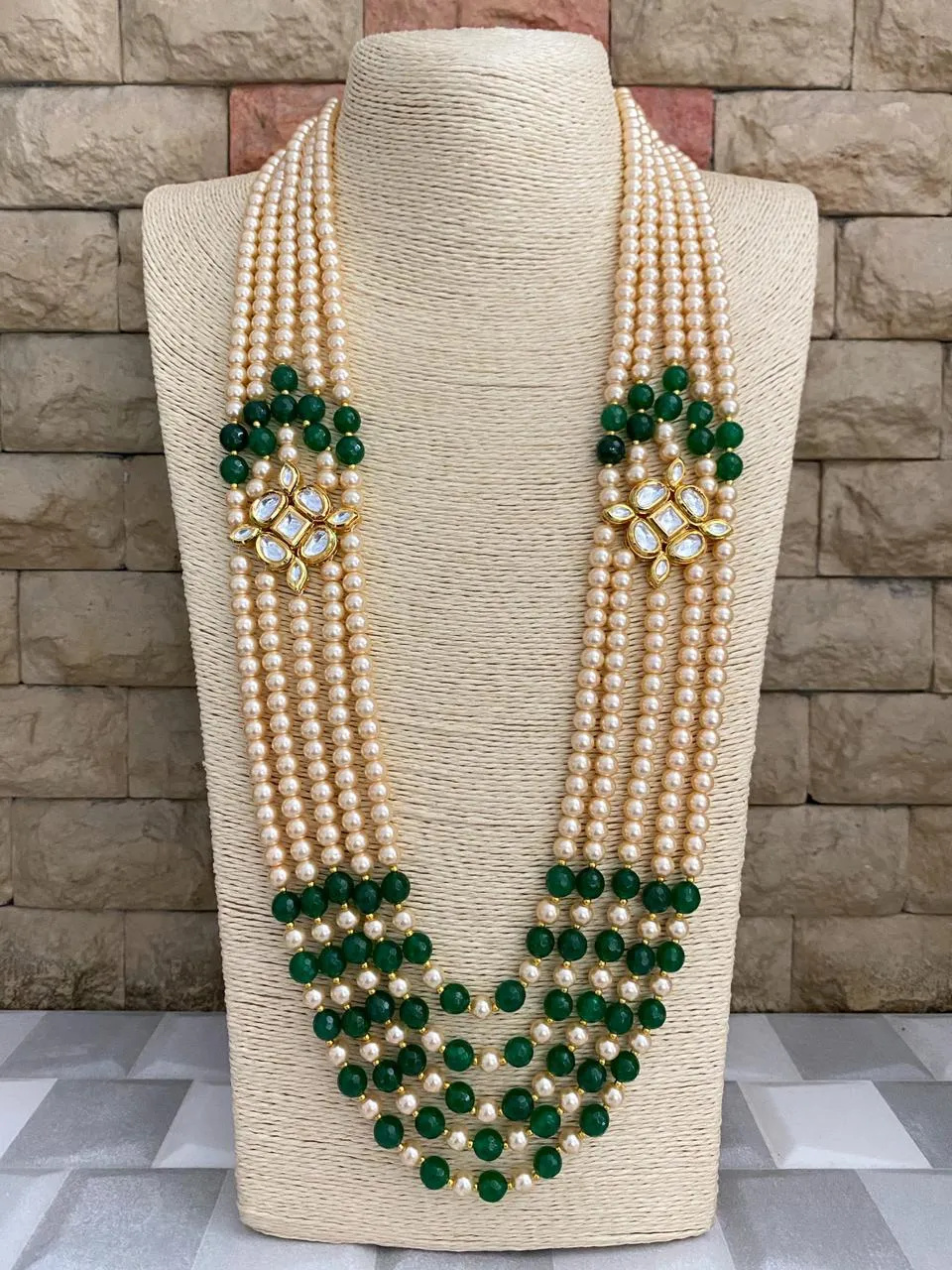 Designer Multi Layered Long Beaded Pearls Kundan Mala For Men And Women