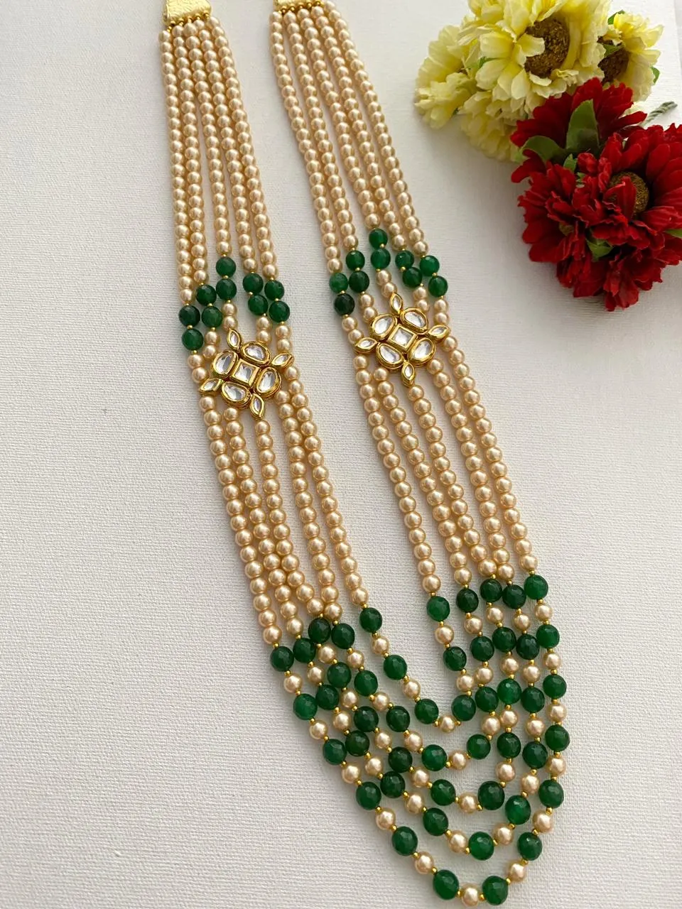 Designer Multi Layered Long Beaded Pearls Kundan Mala For Men And Women