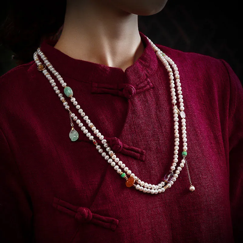 Exclusive Design Chinese Style Vintage Pearl Necklace with Fine Jade Tourmaline Gems