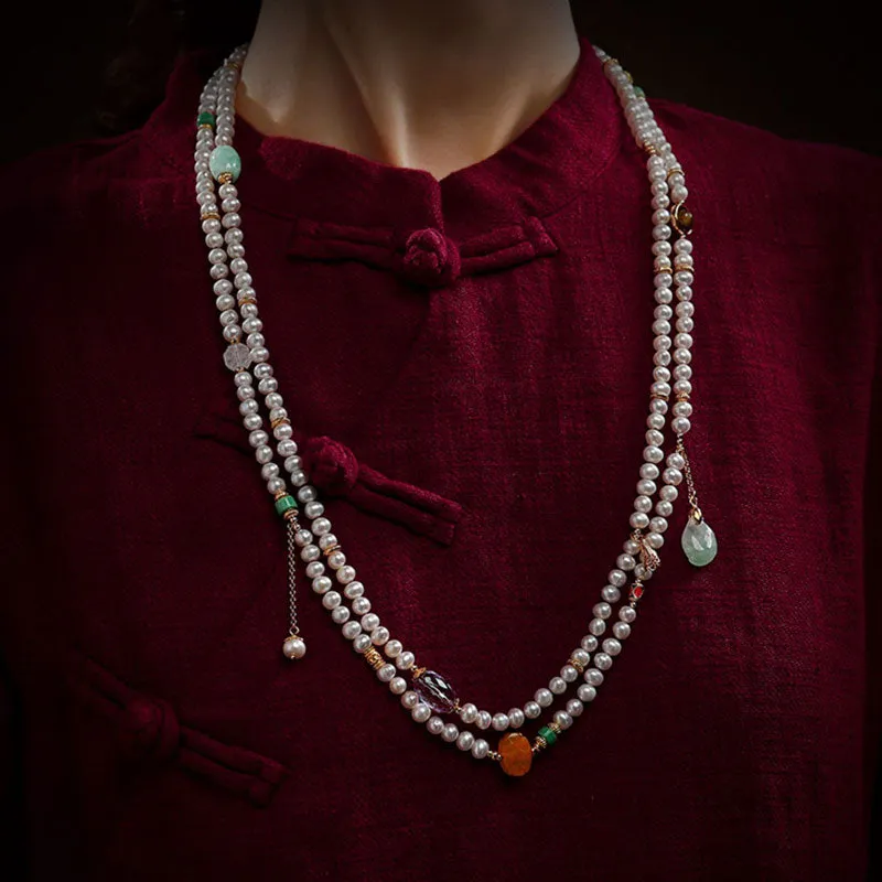 Exclusive Design Chinese Style Vintage Pearl Necklace with Fine Jade Tourmaline Gems