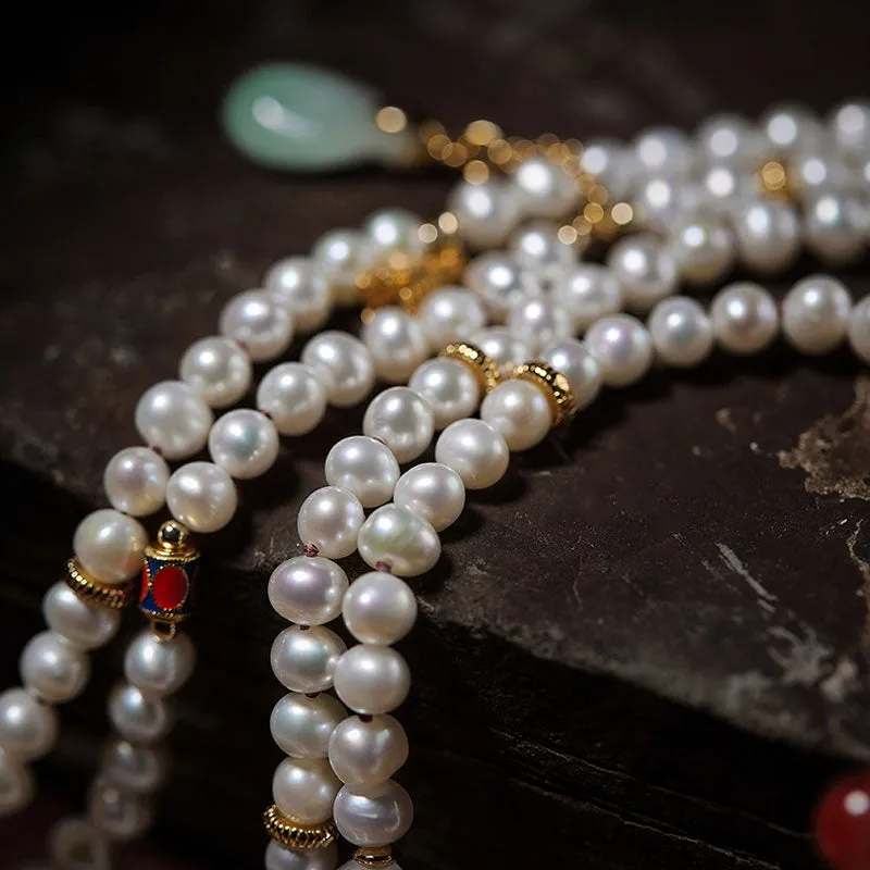 Exclusive Design Chinese Style Vintage Pearl Necklace with Fine Jade Tourmaline Gems