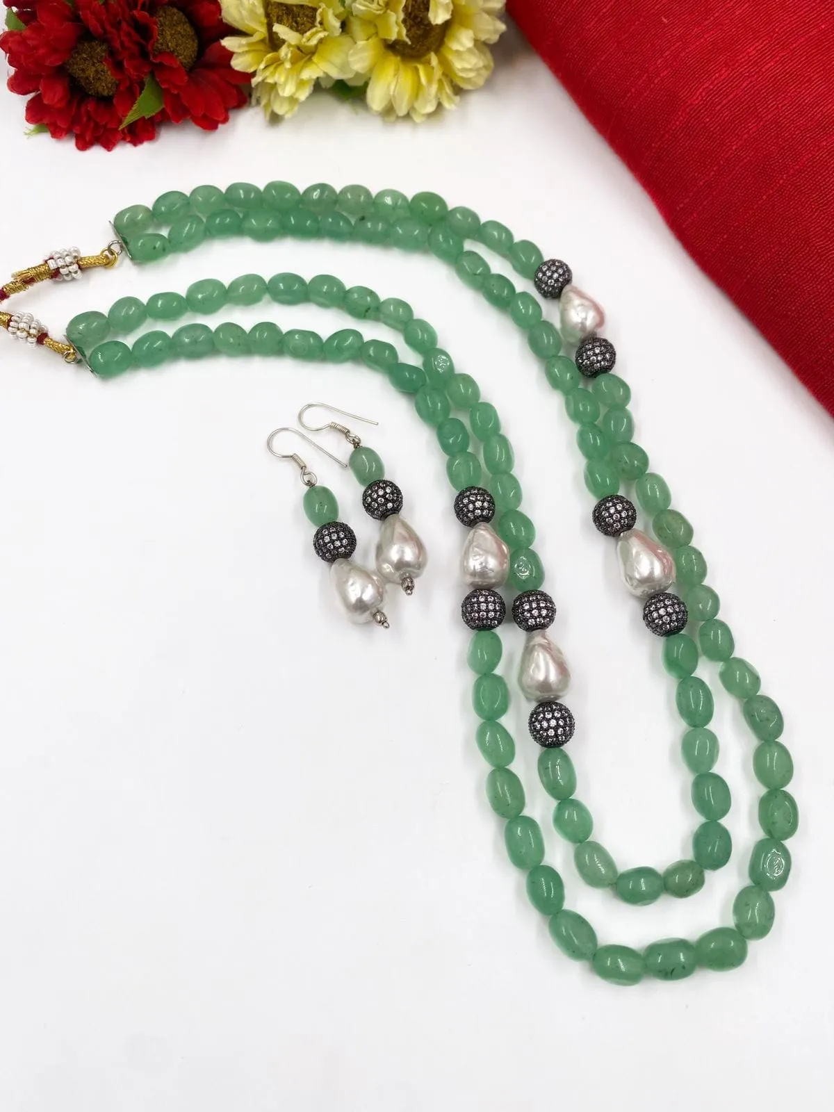 Fancy Mint Green Jade Beads Necklace With Pearls For Women By Gehna Shop