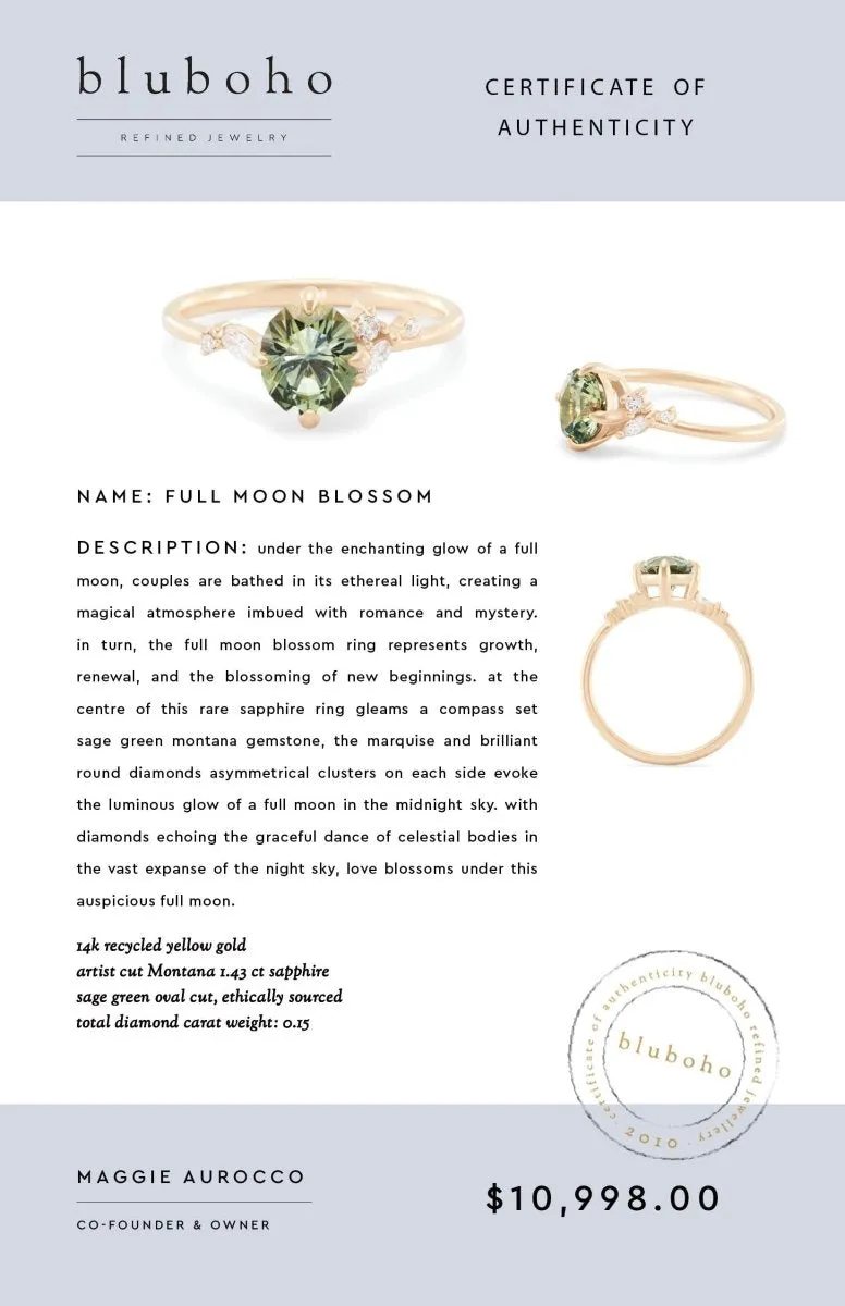 full moon blossom one-of-a-kind - 14k yellow gold ring, green sapphire AC