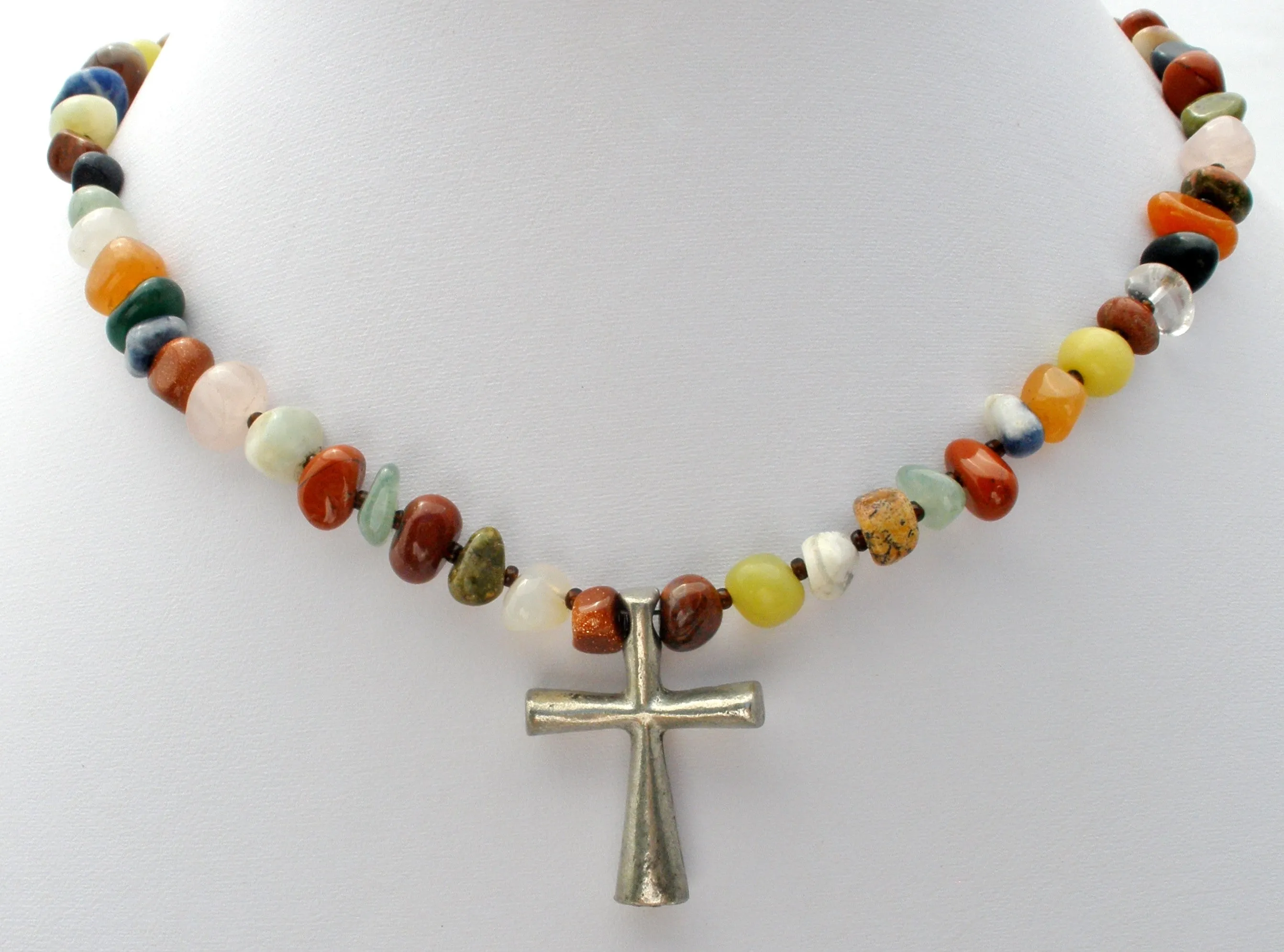 Gemstone Bead Cross Necklace Sterling Silver