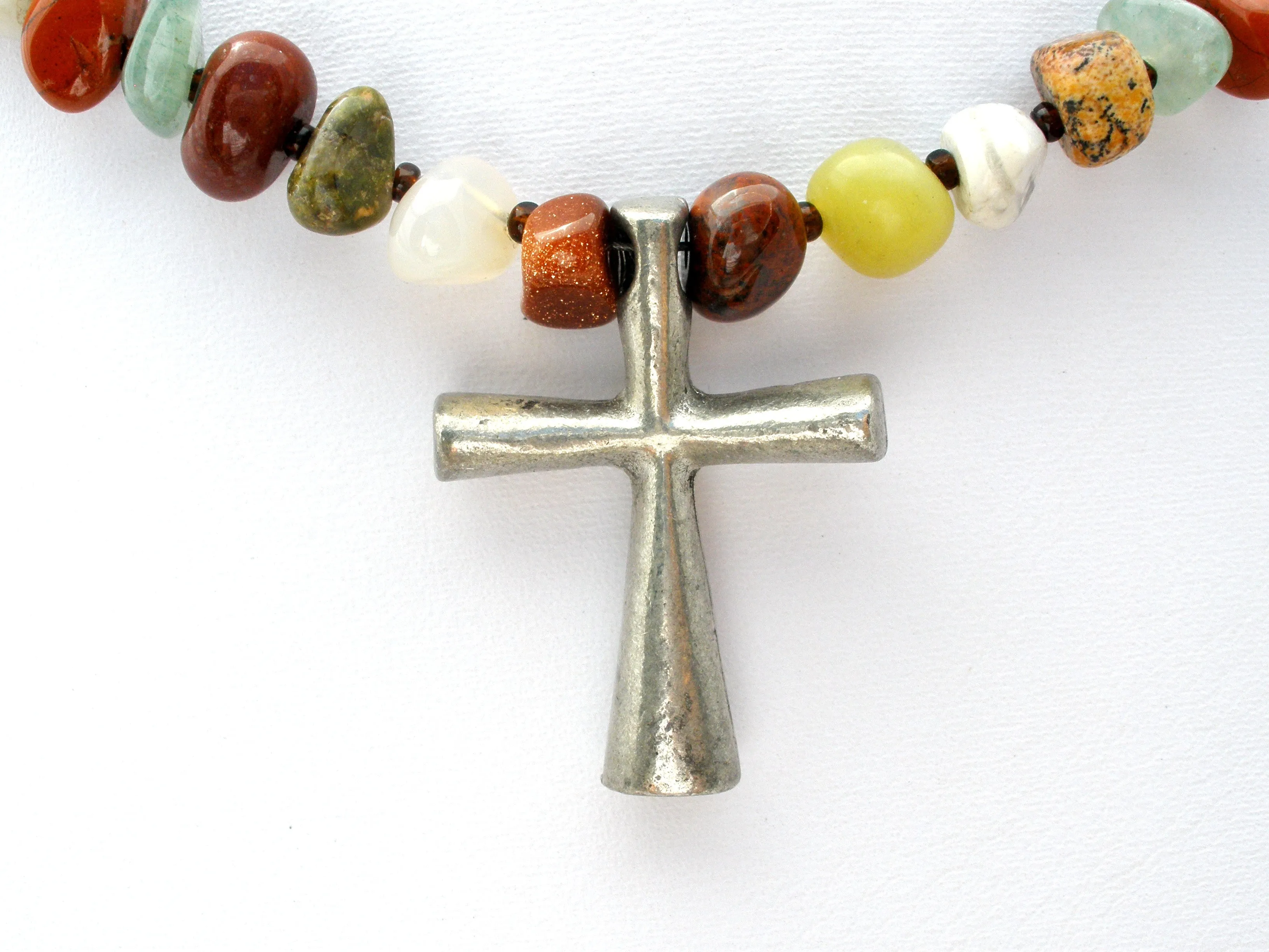 Gemstone Bead Cross Necklace Sterling Silver