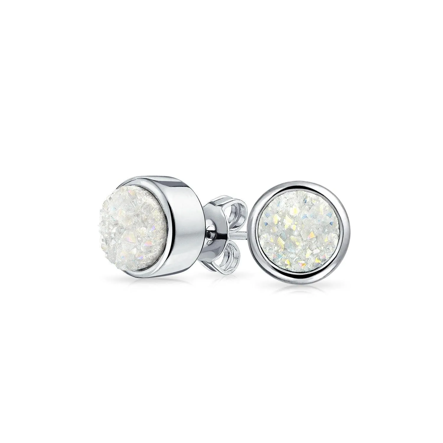 Gemstone Bezel Set Organic Druzy Quartz Stud Earrings Silver Plated