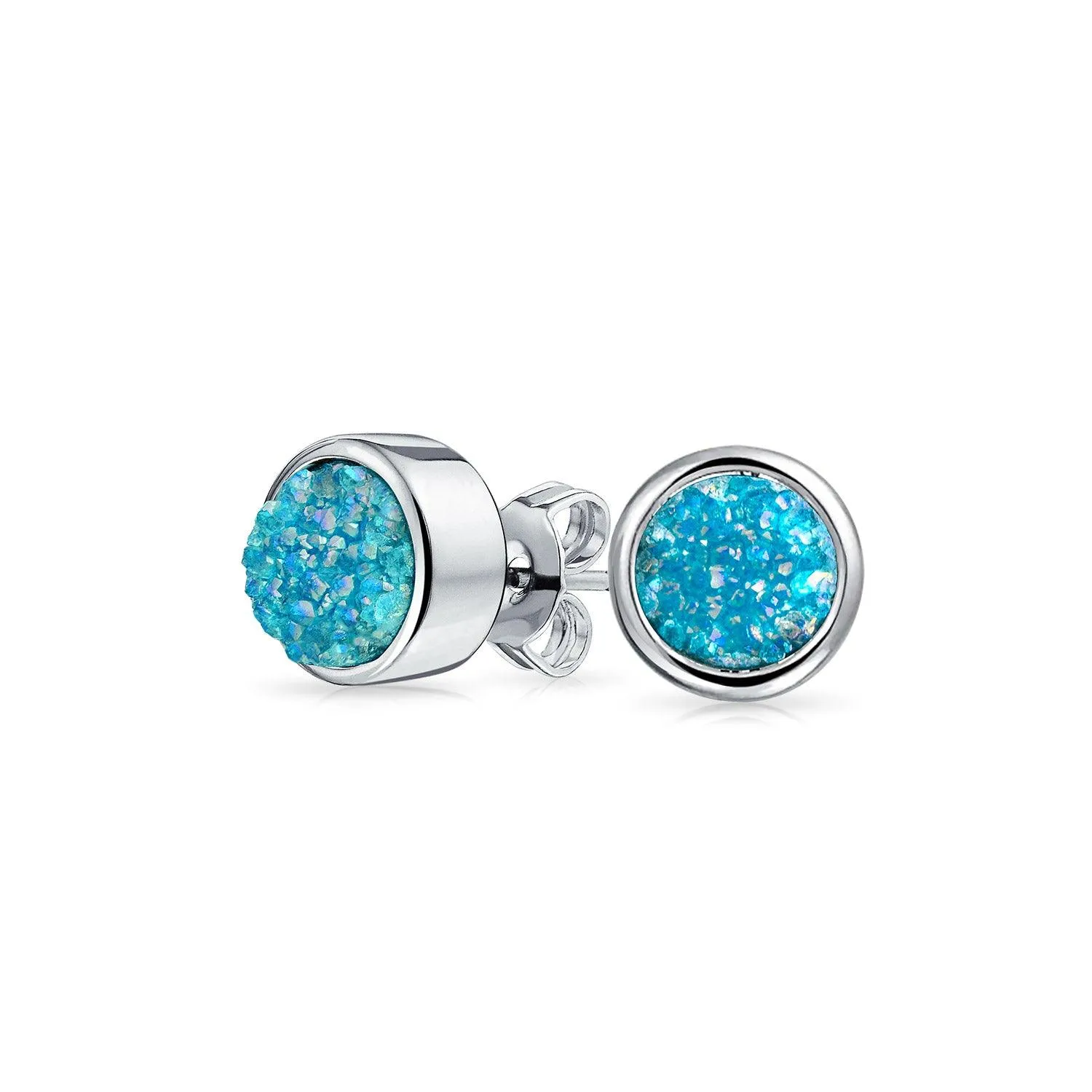 Gemstone Bezel Set Organic Druzy Quartz Stud Earrings Silver Plated