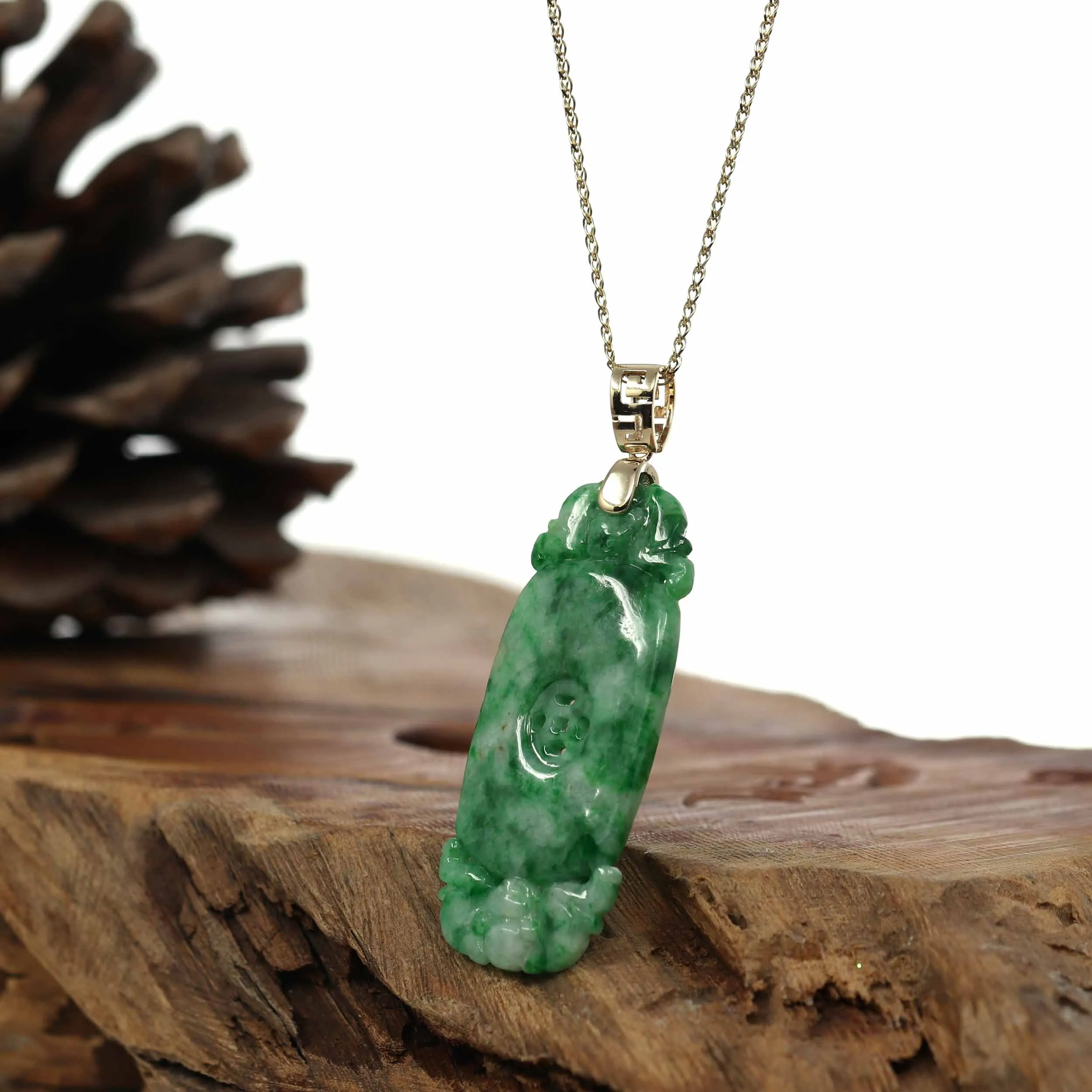 Genuine Apple Green- White Jadeite Jade Fu Zai Yan Qian Pendant Necklace With 14K Yellow Gold Bail