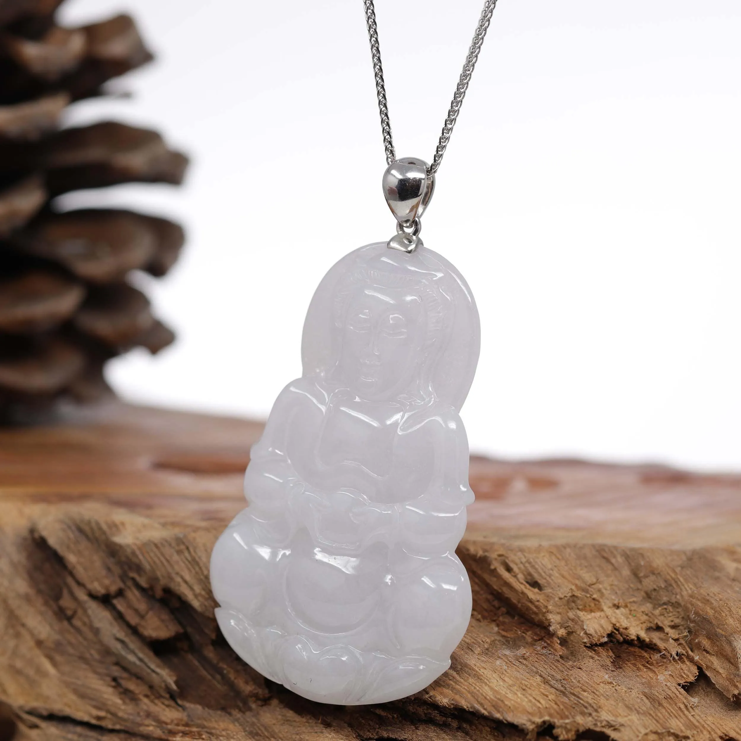 Genuine Burmese Lavender Jadeite Jade Guanyin Pendant Necklace