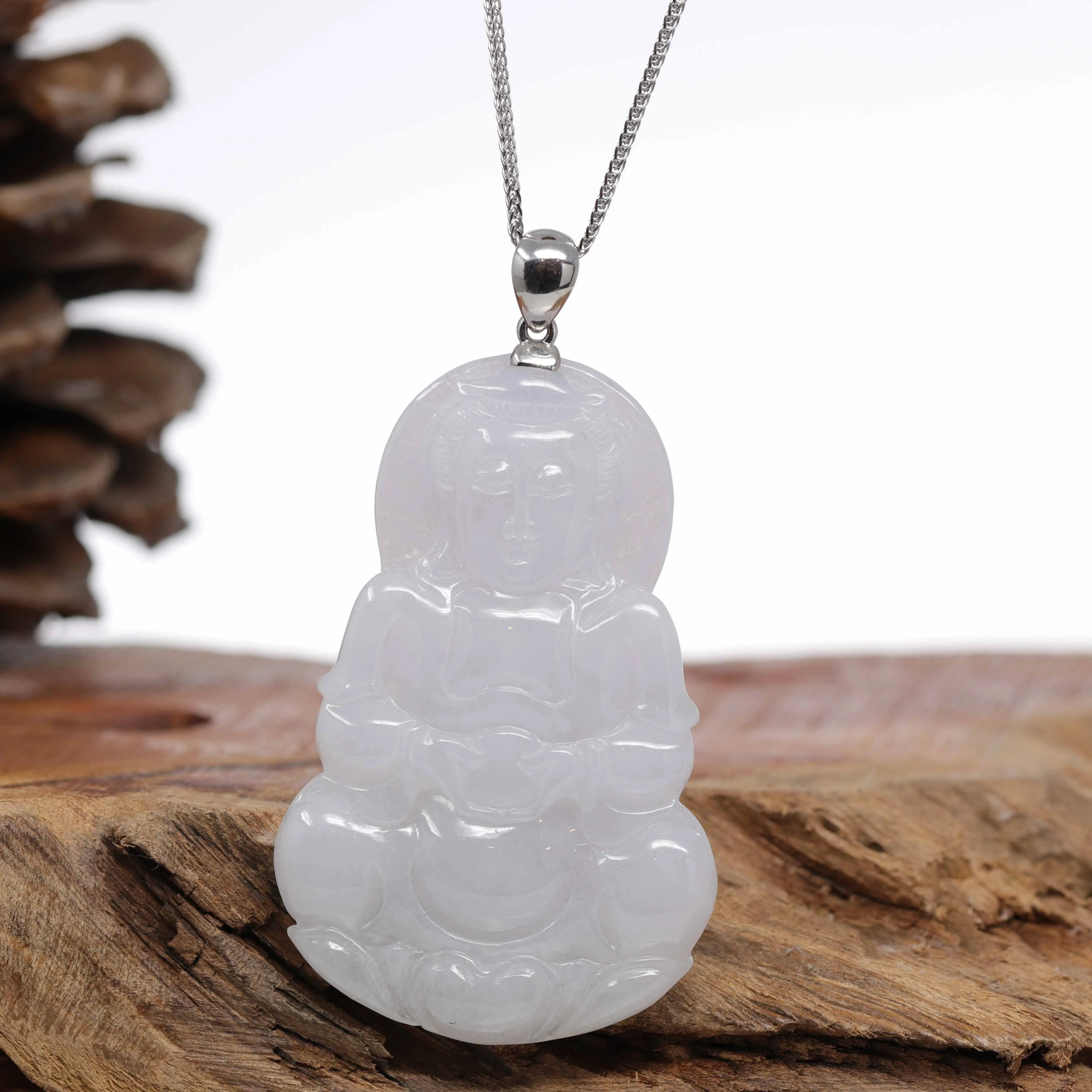 Genuine Burmese Lavender Jadeite Jade Guanyin Pendant Necklace