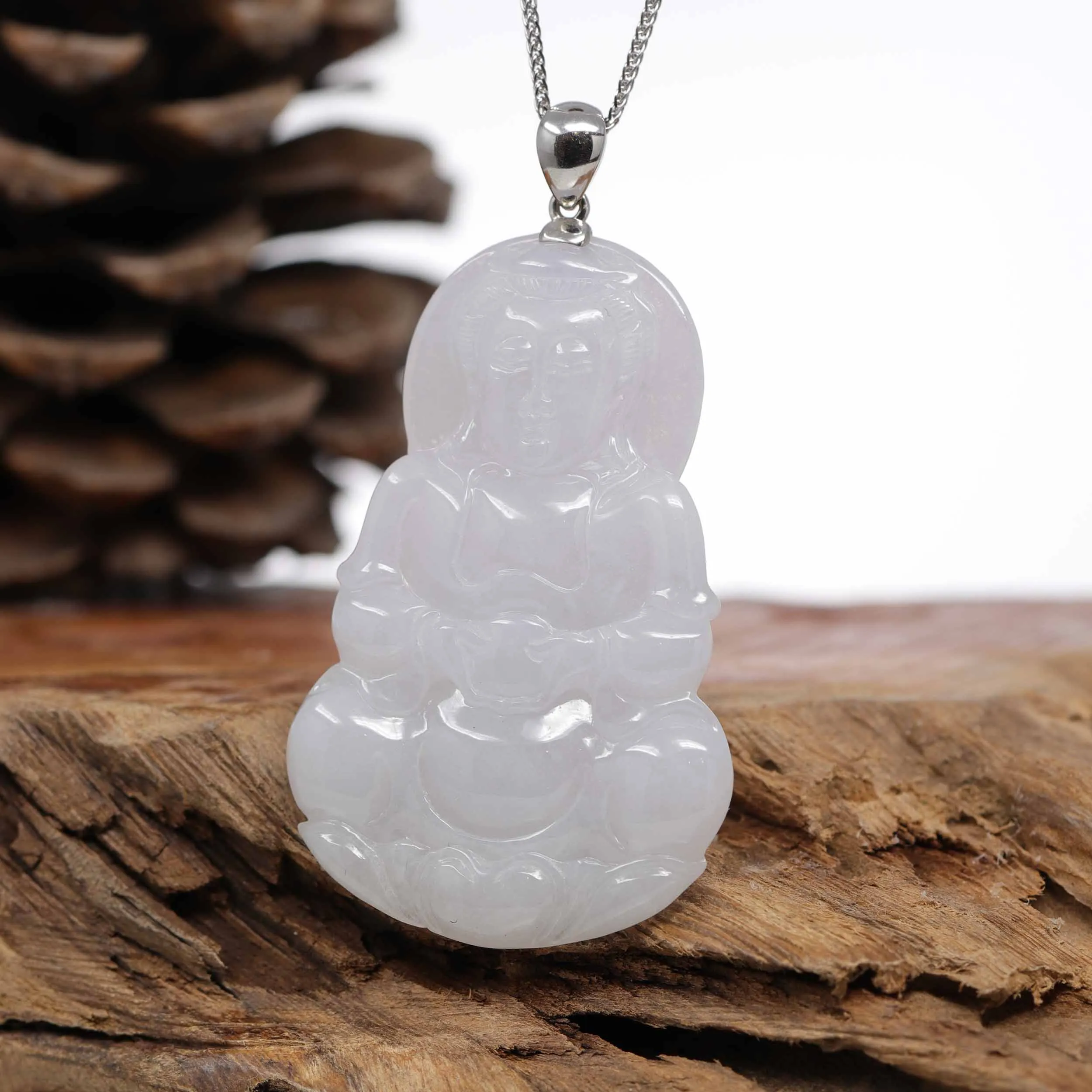 Genuine Burmese Lavender Jadeite Jade Guanyin Pendant Necklace