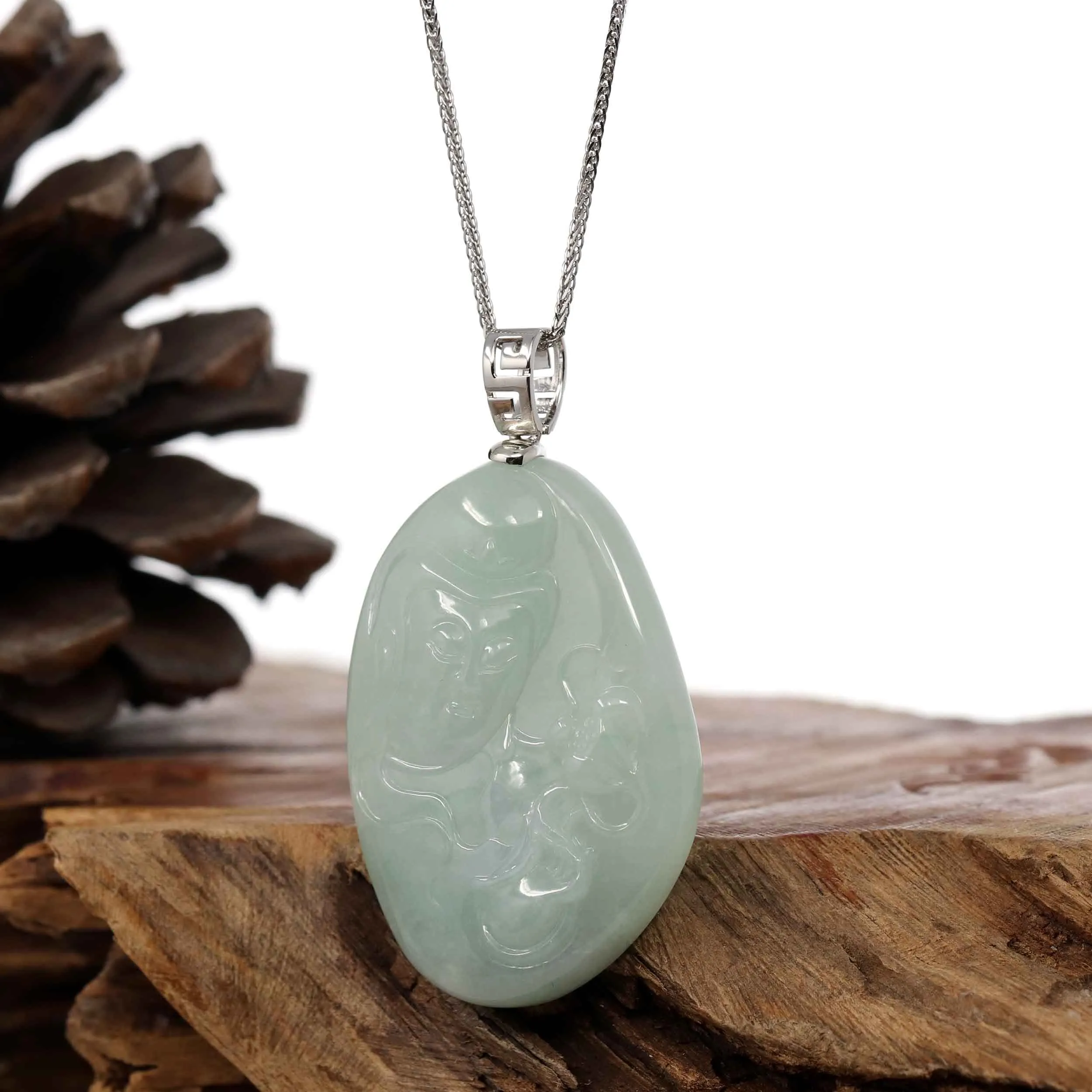 Genuine Burmese light Green Jadeite Jade Guanyin Pendant Necklace