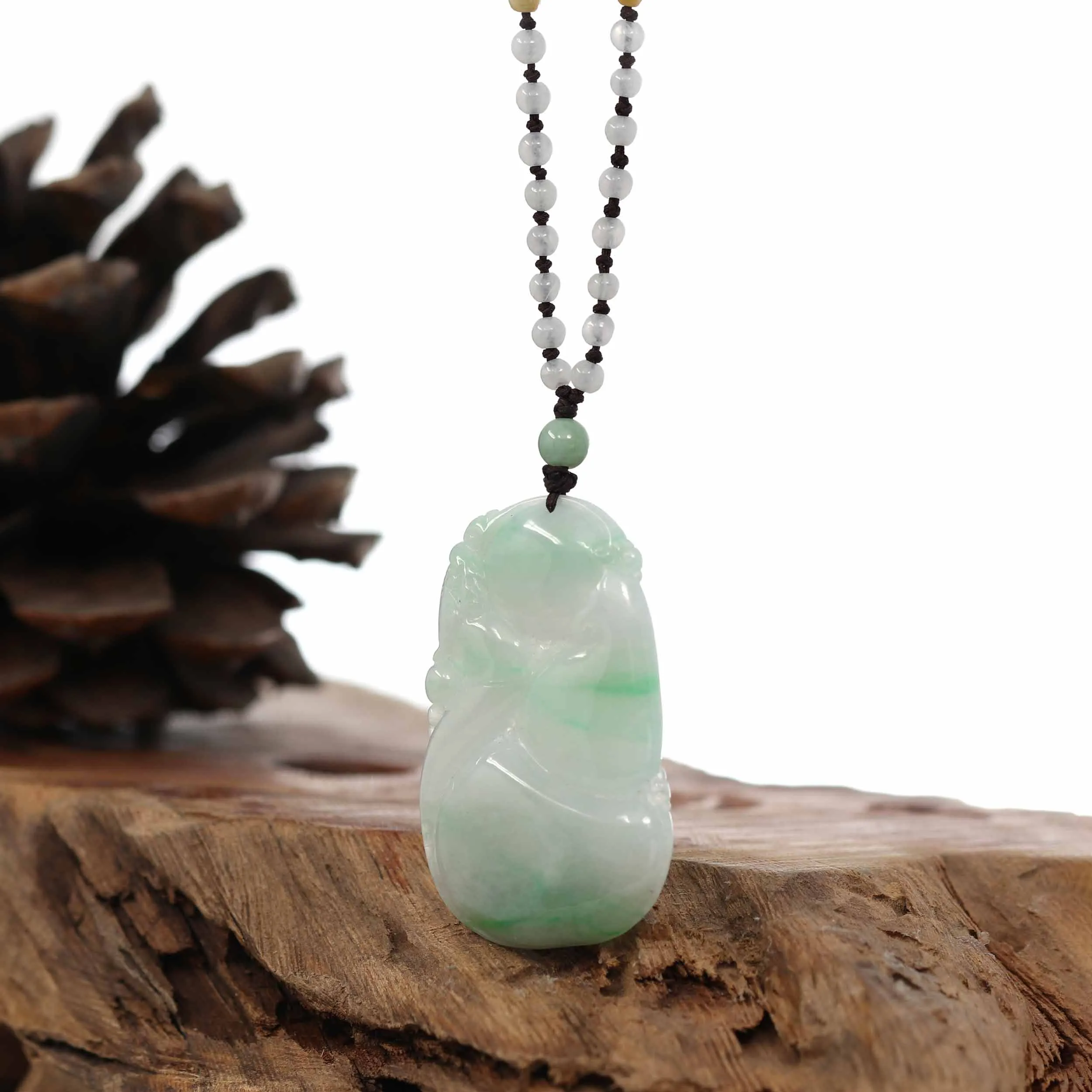 Genuine Green Jadeite Jade "Good Luck HuLu with Dragon" Pendant Necklace With Real Jadeite Bead Necklace