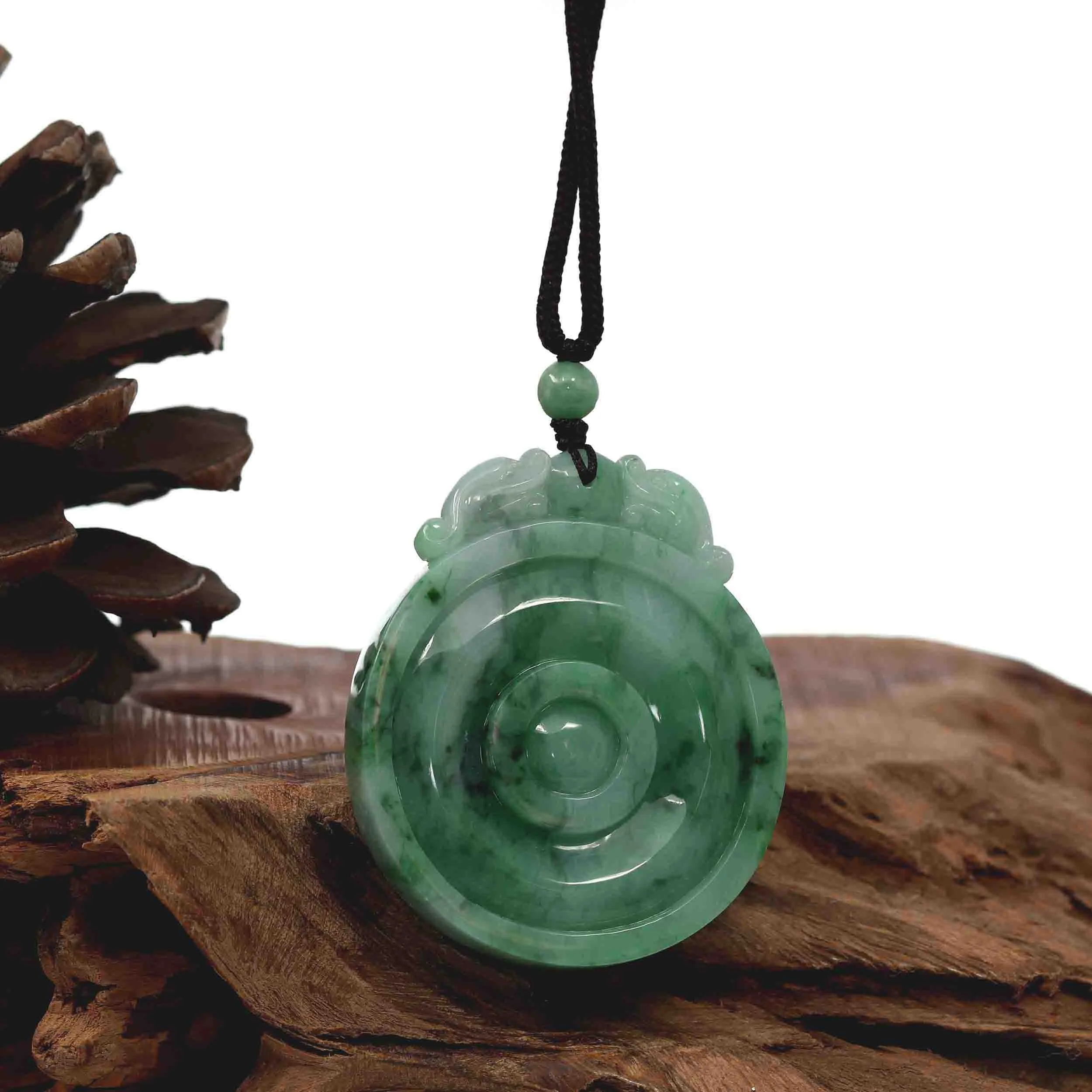 Genuine Green Jadeite Jade "Good Luck Money Circle with Dragon Accent" Pendant Necklace With Real Jadeite Bead Necklace