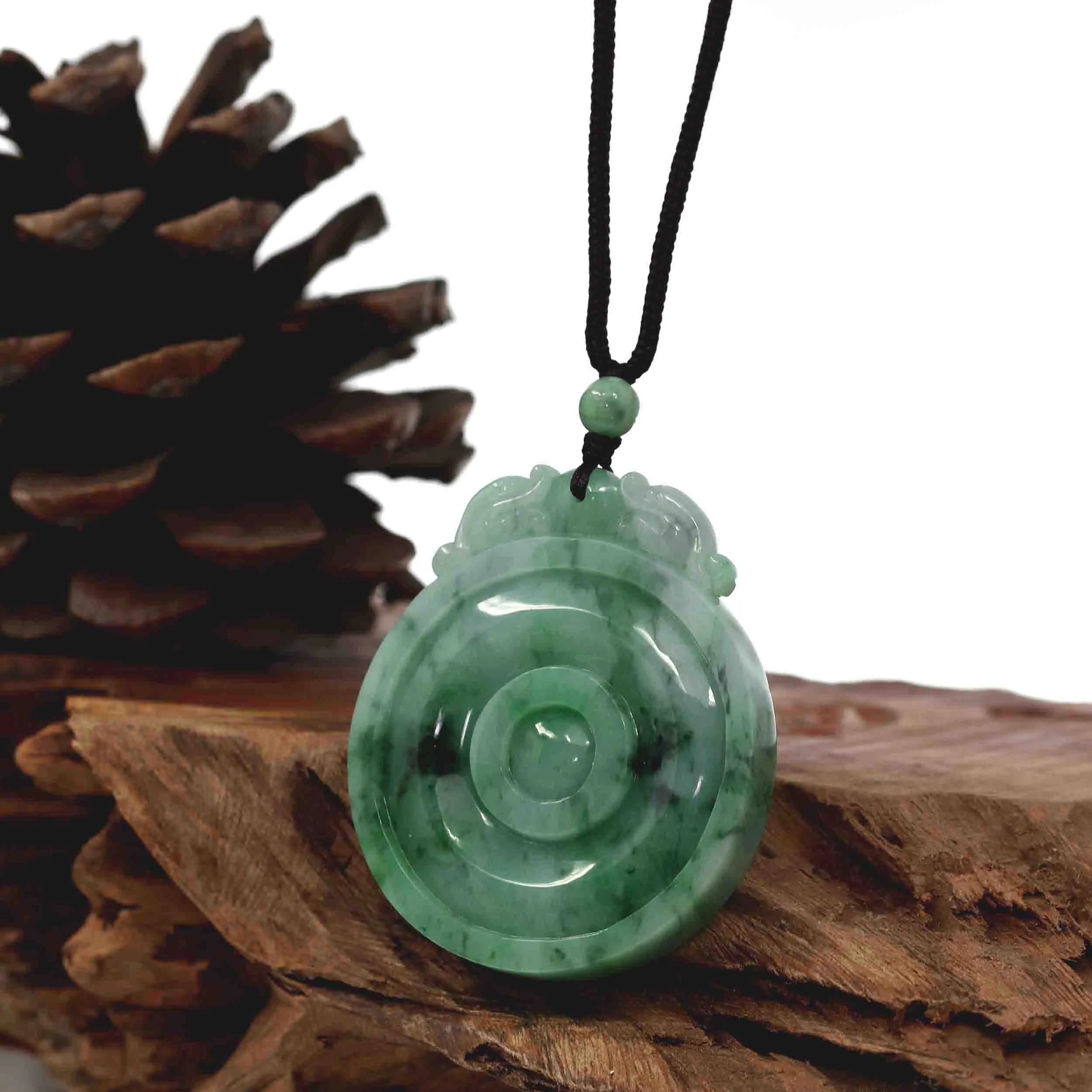 Genuine Green Jadeite Jade "Good Luck Money Circle with Dragon Accent" Pendant Necklace With Real Jadeite Bead Necklace