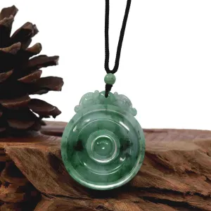 Genuine Green Jadeite Jade "Good Luck Money Circle with Dragon Accent" Pendant Necklace With Real Jadeite Bead Necklace