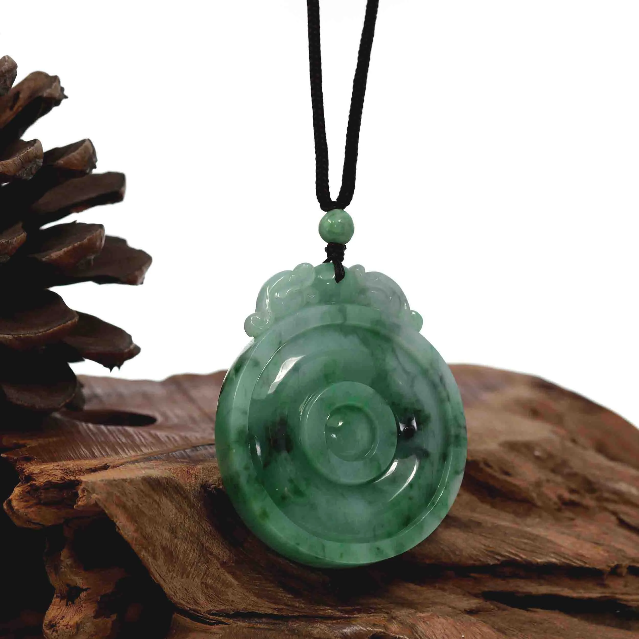 Genuine Green Jadeite Jade "Good Luck Money Circle with Dragon Accent" Pendant Necklace With Real Jadeite Bead Necklace