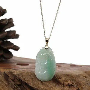 Genuine Green Jadeite Jade RuYi ( Wang Shi Ru Yi ) Pendant Necklace With 14K Yellow Gold Bail