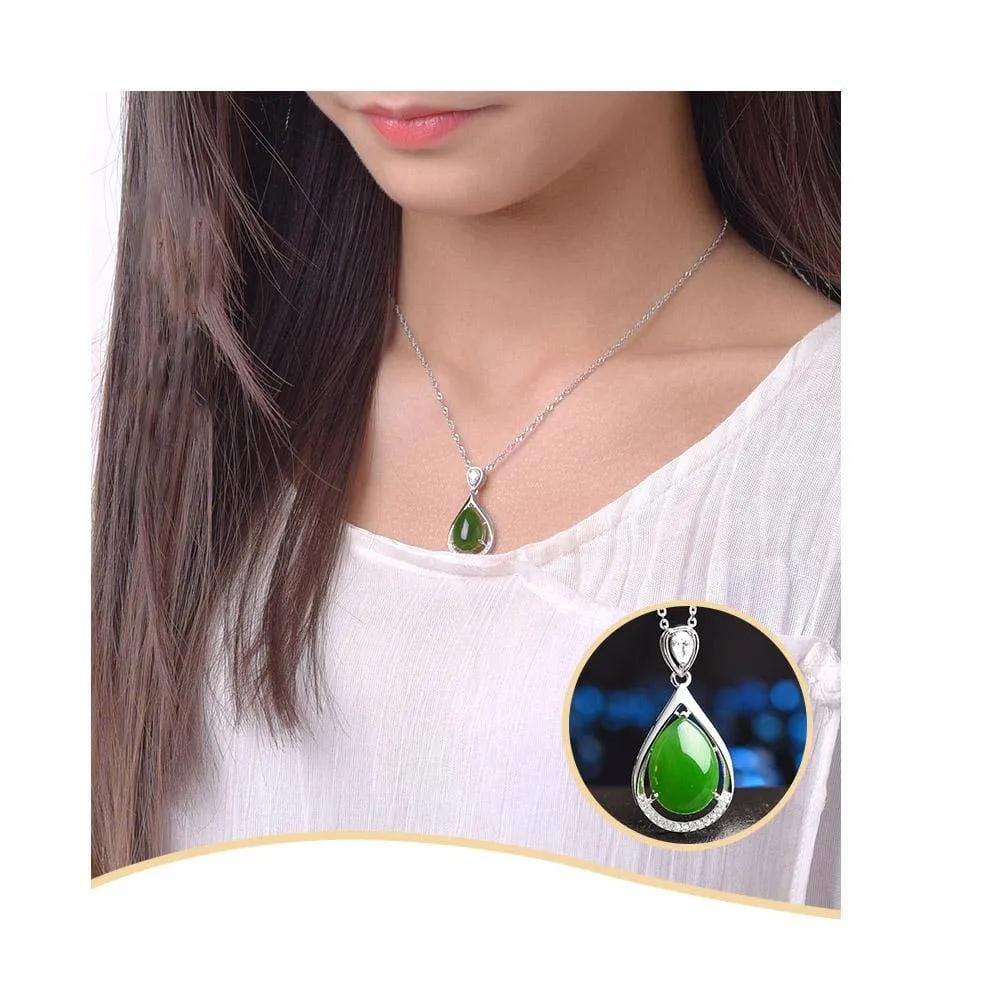 Genuine Green Nephrite Jade Tear Drop Pendant Necklace With CZ