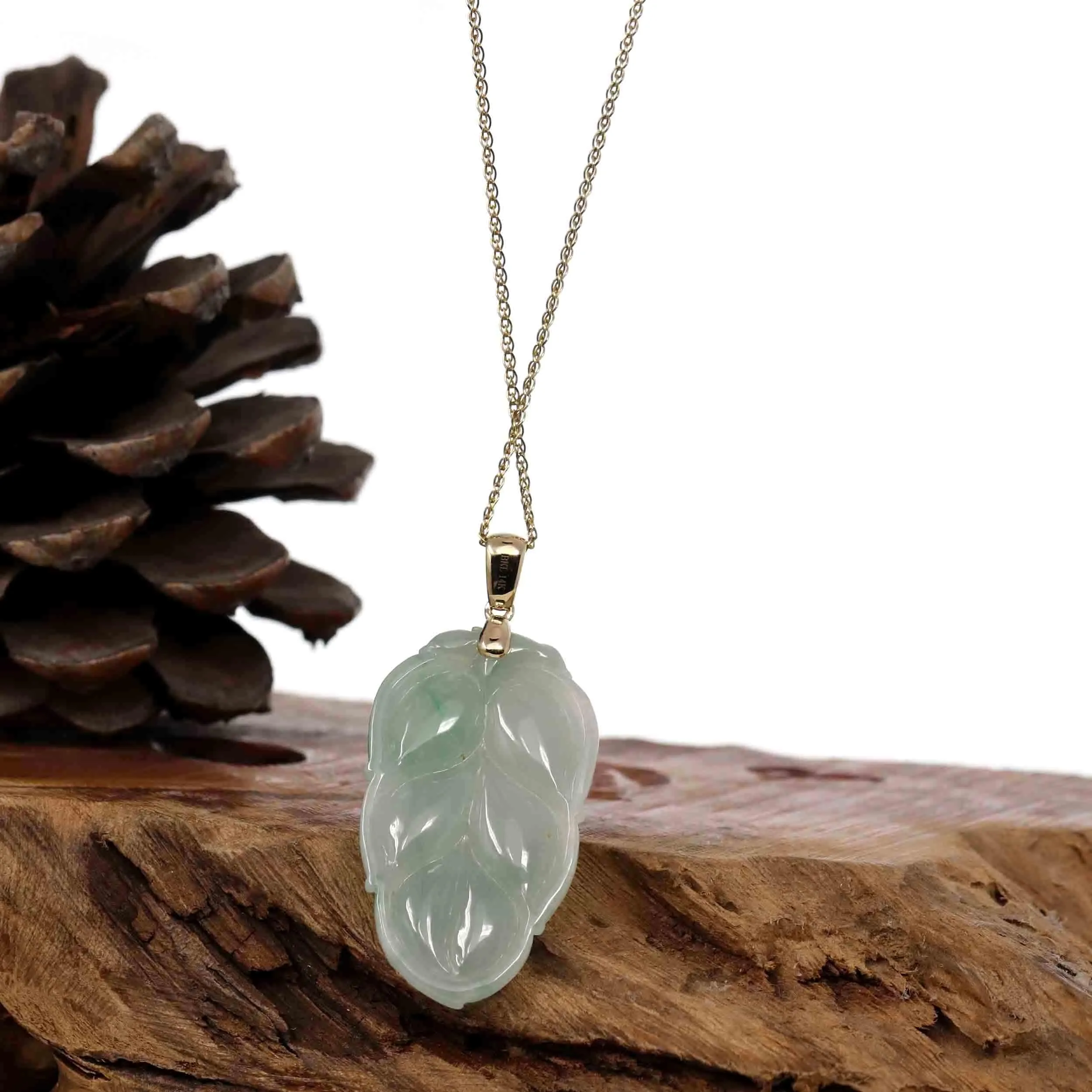 Genuine Ice Green Jadeite Jade Jin Zhi Yu Ye (Leaf) Necklace With 14k Yellow Gold Bail