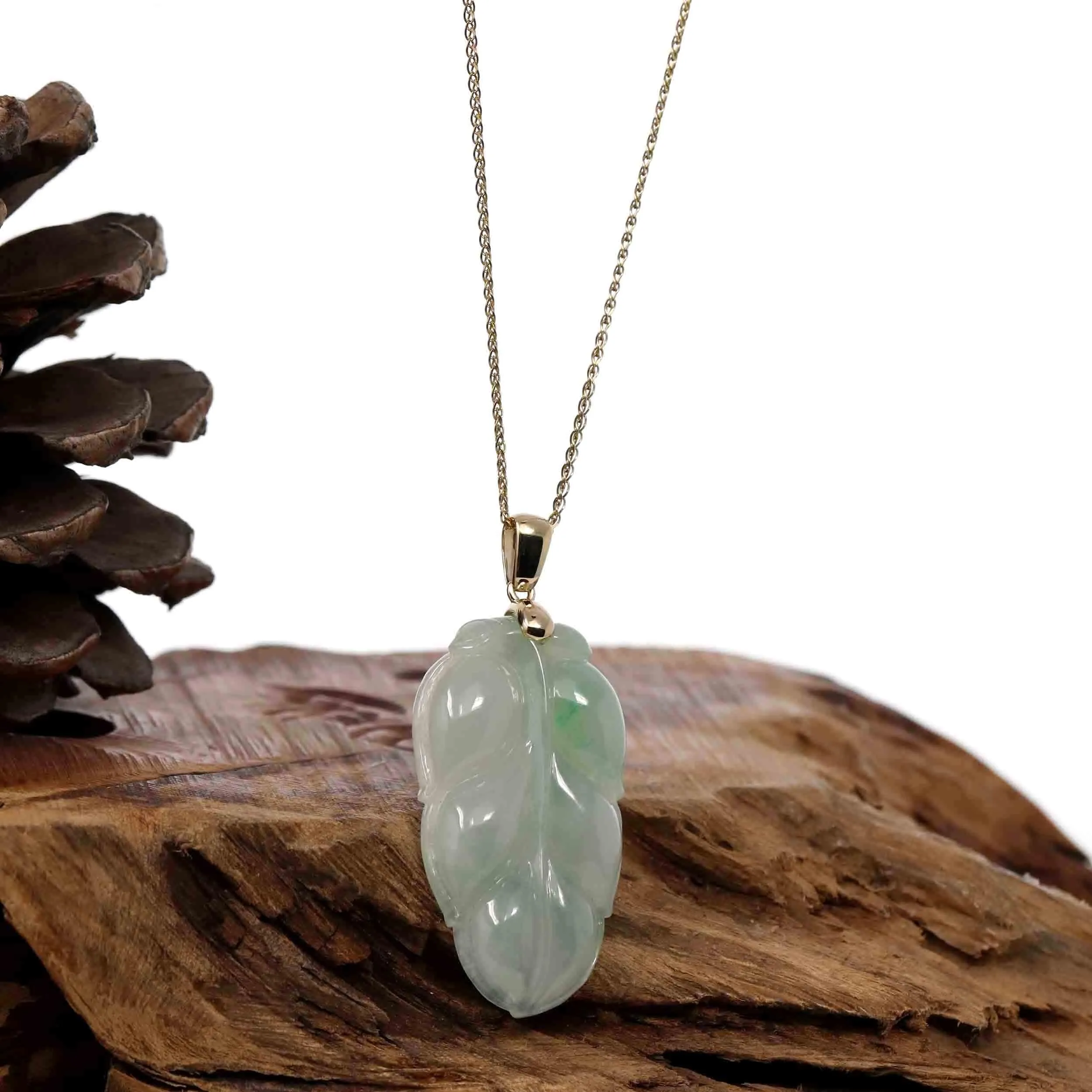 Genuine Ice Green Jadeite Jade Jin Zhi Yu Ye (Leaf) Necklace With 14k Yellow Gold Bail