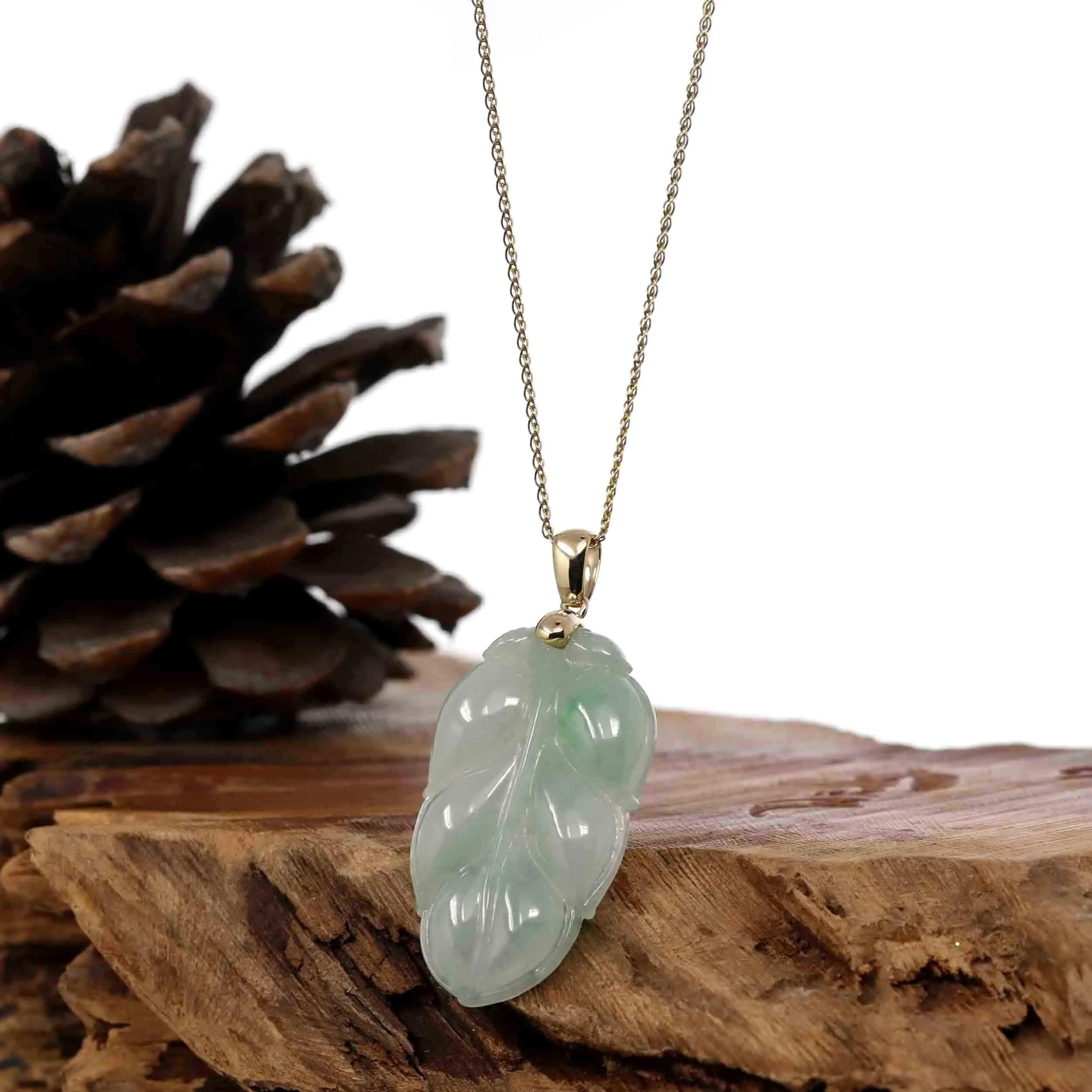 Genuine Ice Green Jadeite Jade Jin Zhi Yu Ye (Leaf) Necklace With 14k Yellow Gold Bail