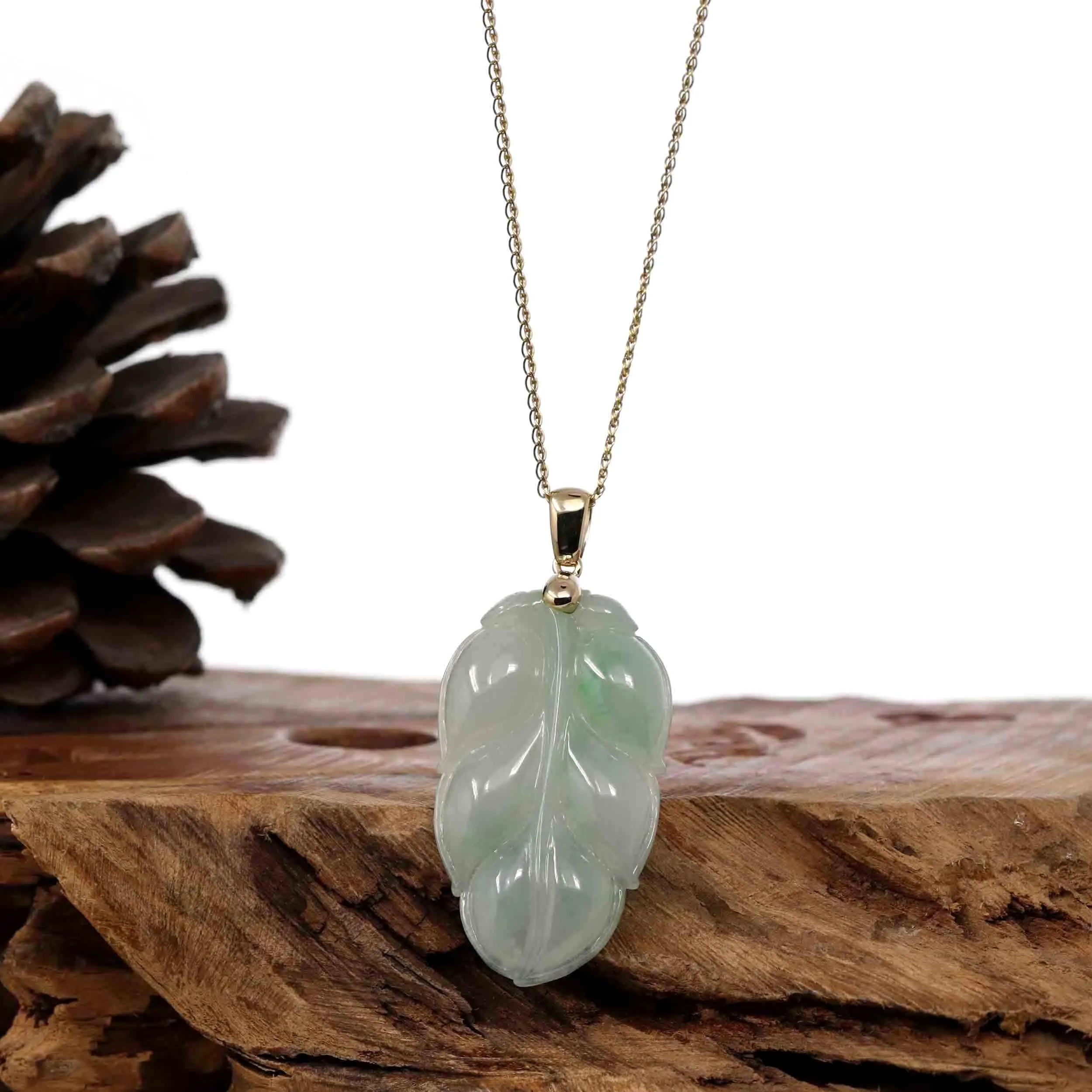 Genuine Ice Green Jadeite Jade Jin Zhi Yu Ye (Leaf) Necklace With 14k Yellow Gold Bail