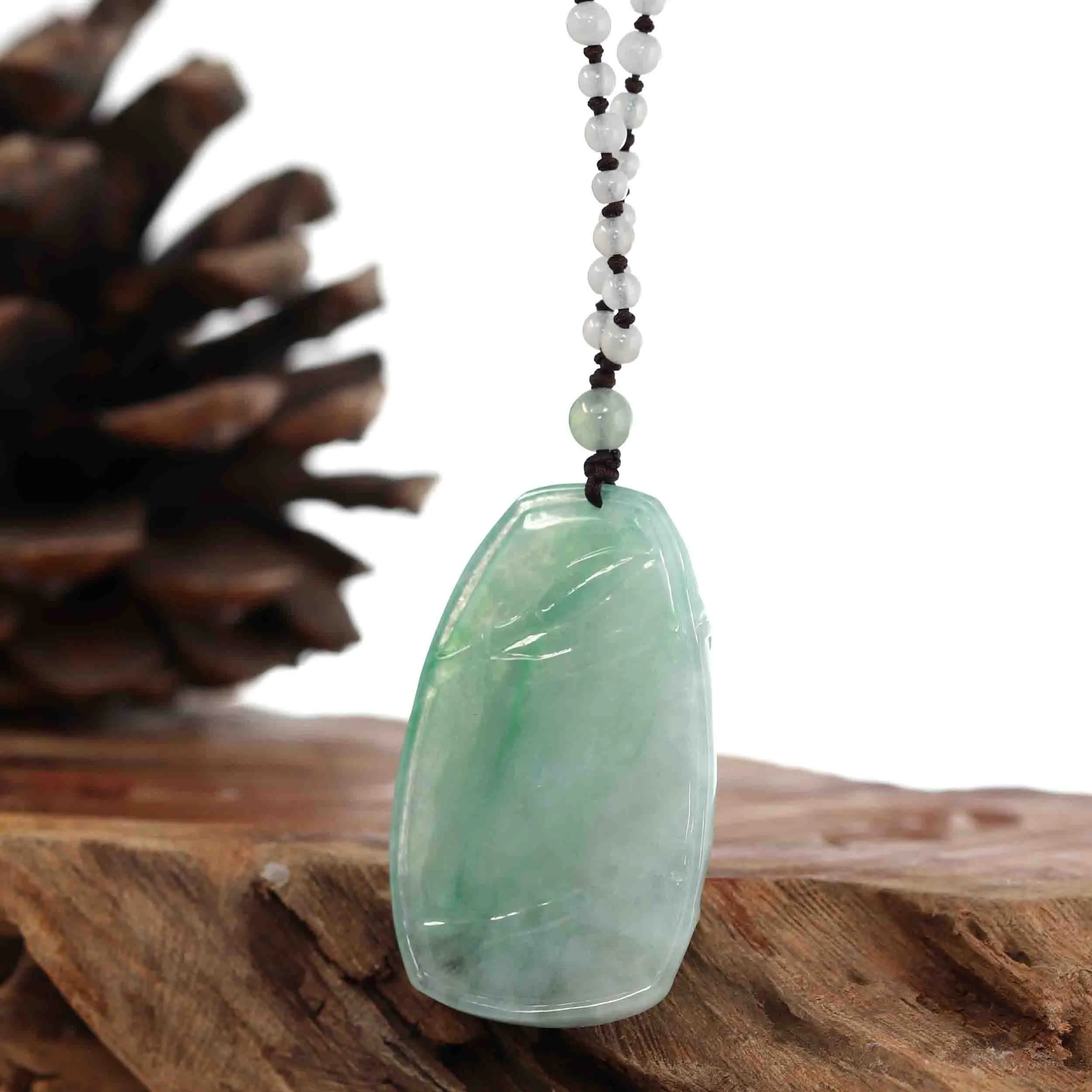 Genuine Ice Green Jadeite Jade "Good Luck Bamboo" Pendant Necklace With Real Jadeite Bead Necklace