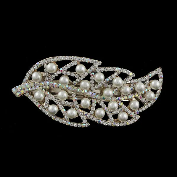 Gold Finish Pearl & Rhinestone Leaf Full-size Barrette