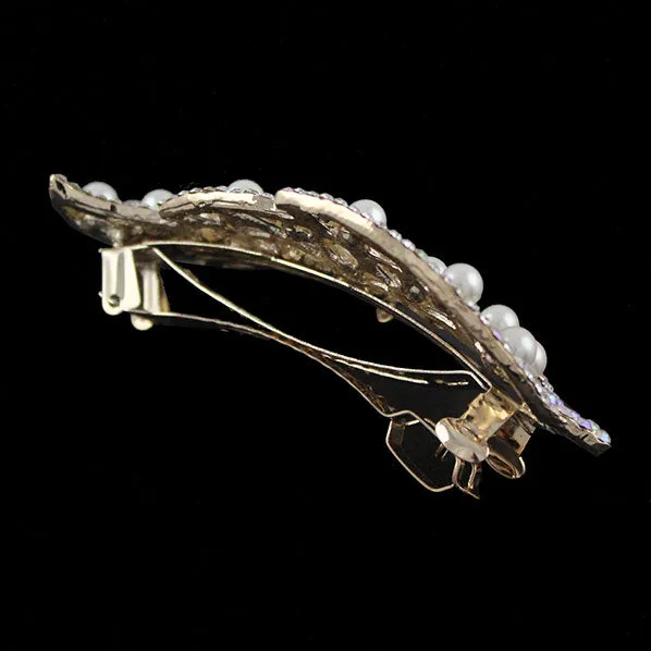 Gold Finish Pearl & Rhinestone Leaf Full-size Barrette