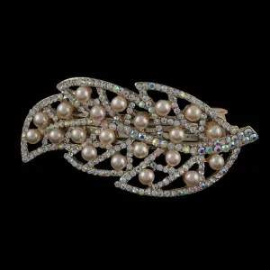 Gold Finish Pearl & Rhinestone Leaf Full-size Barrette