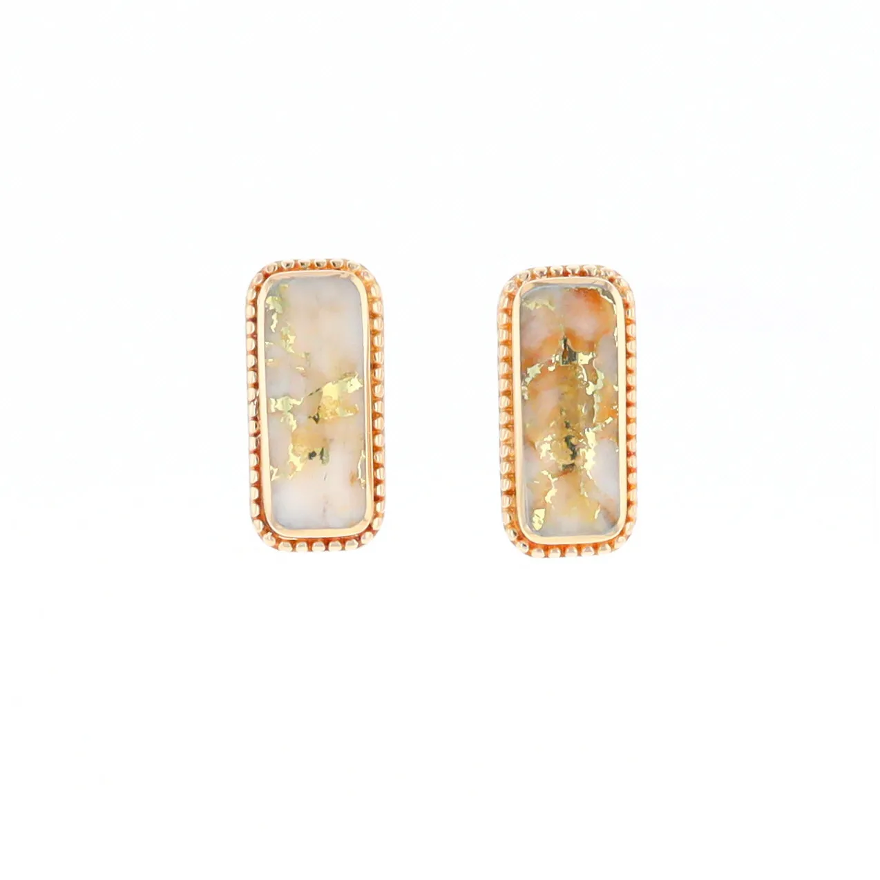 Gold Quartz Earrings Rectangle Inlaid Milgrain Design - G2