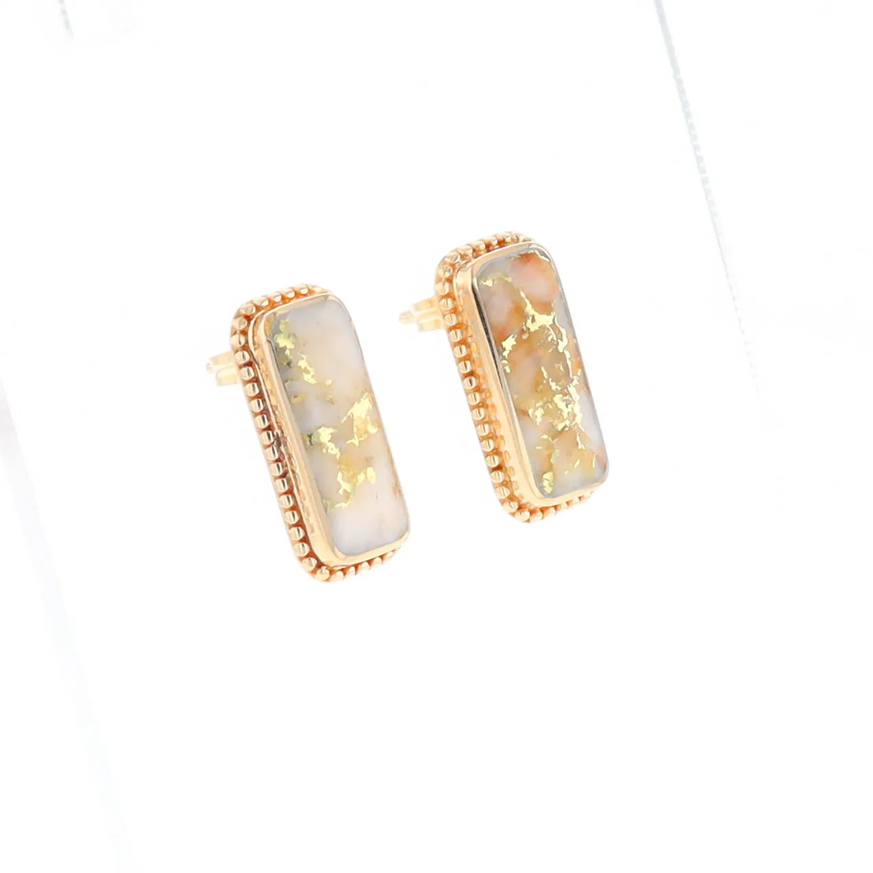 Gold Quartz Earrings Rectangle Inlaid Milgrain Design - G2