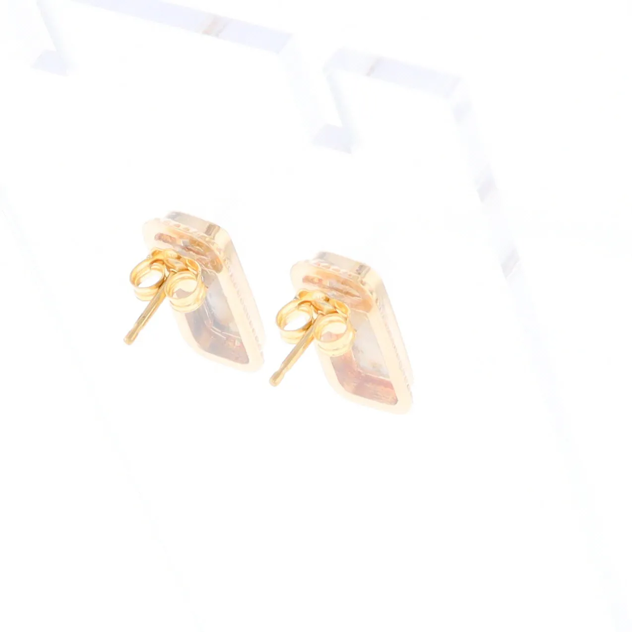 Gold Quartz Earrings Rectangle Inlaid Milgrain Design - G2