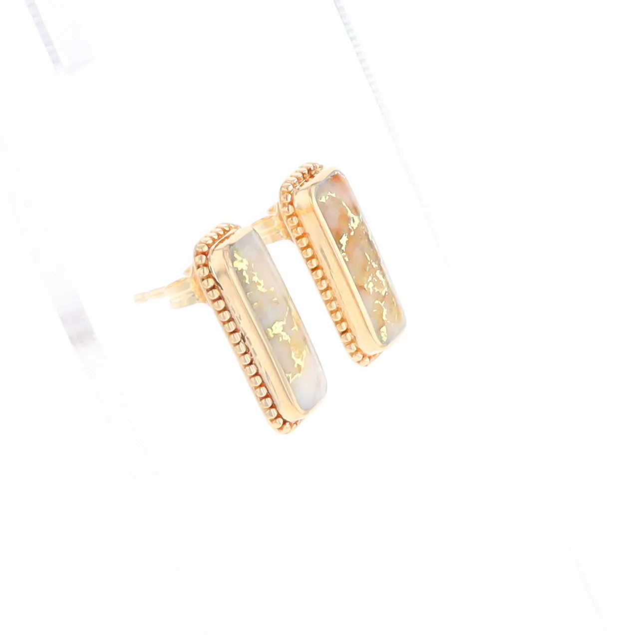 Gold Quartz Earrings Rectangle Inlaid Milgrain Design - G2