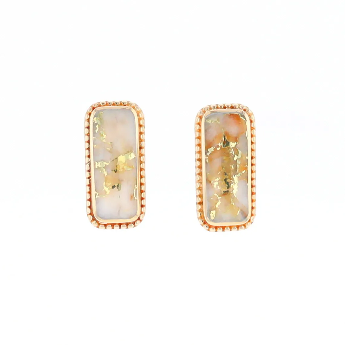 Gold Quartz Earrings Rectangle Inlaid Milgrain Design - G2