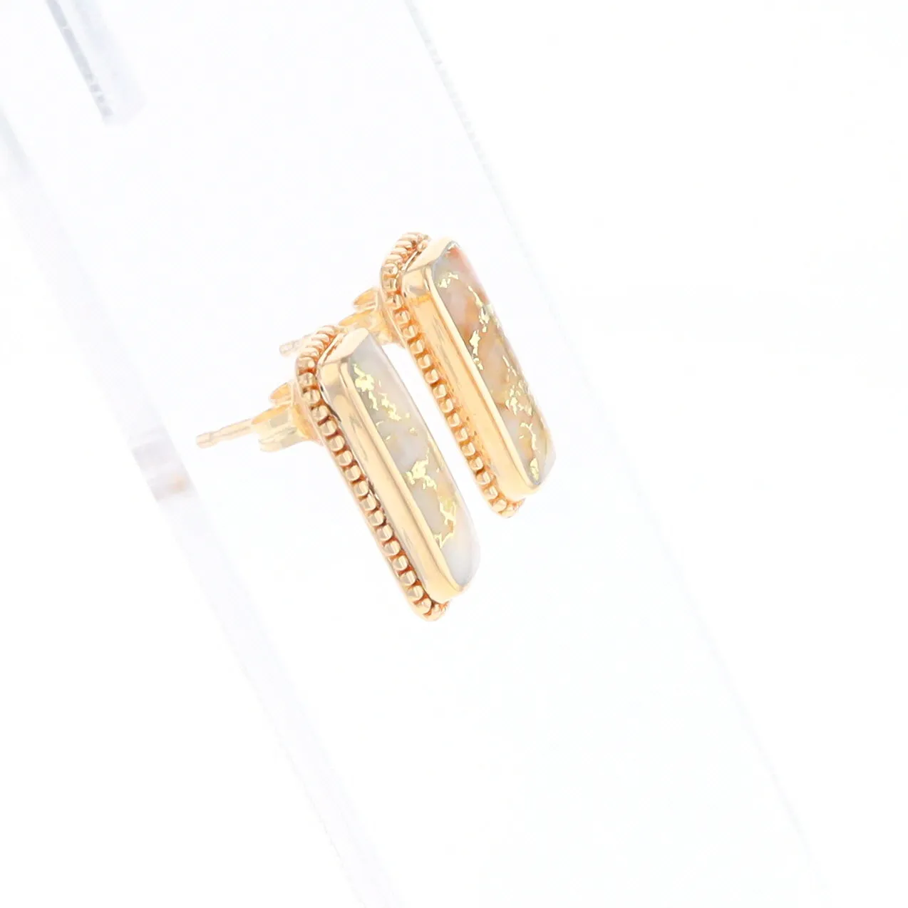 Gold Quartz Earrings Rectangle Inlaid Milgrain Design - G2