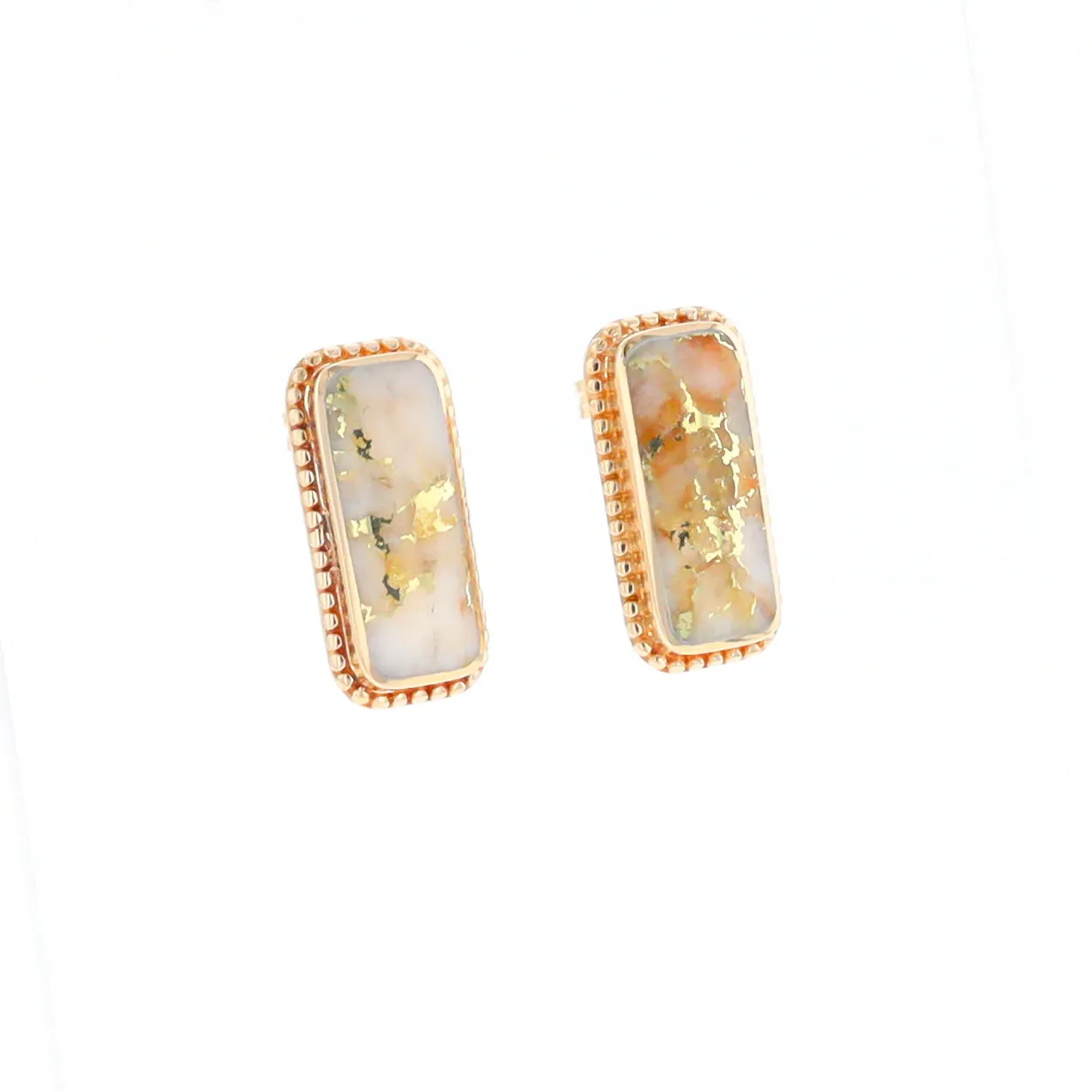 Gold Quartz Earrings Rectangle Inlaid Milgrain Design - G2