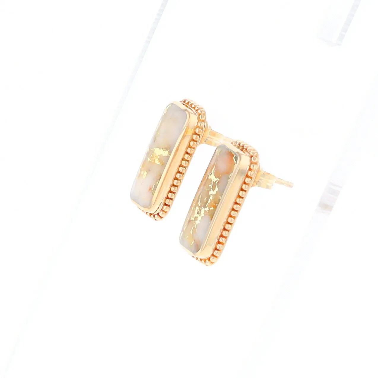 Gold Quartz Earrings Rectangle Inlaid Milgrain Design - G2