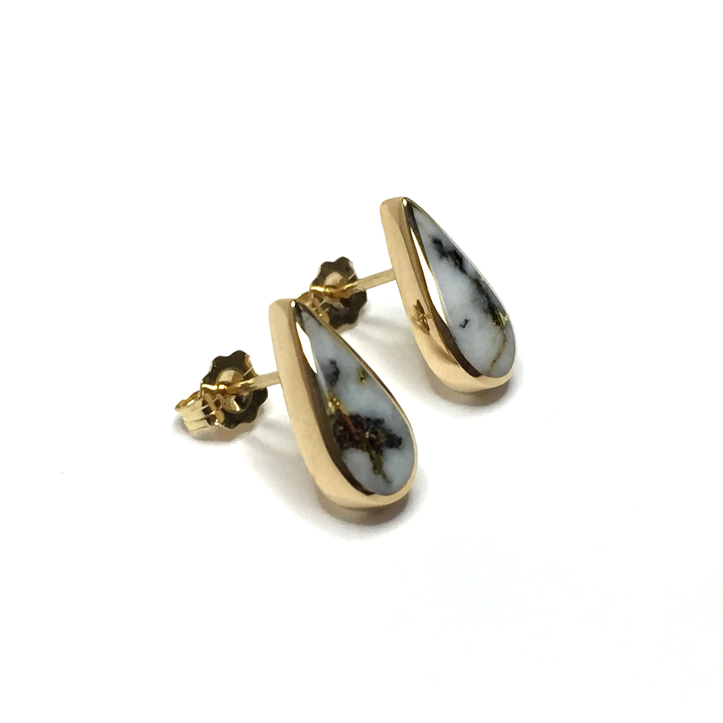 Gold Quartz Earrings Tear Drop Inlaid Design Studs