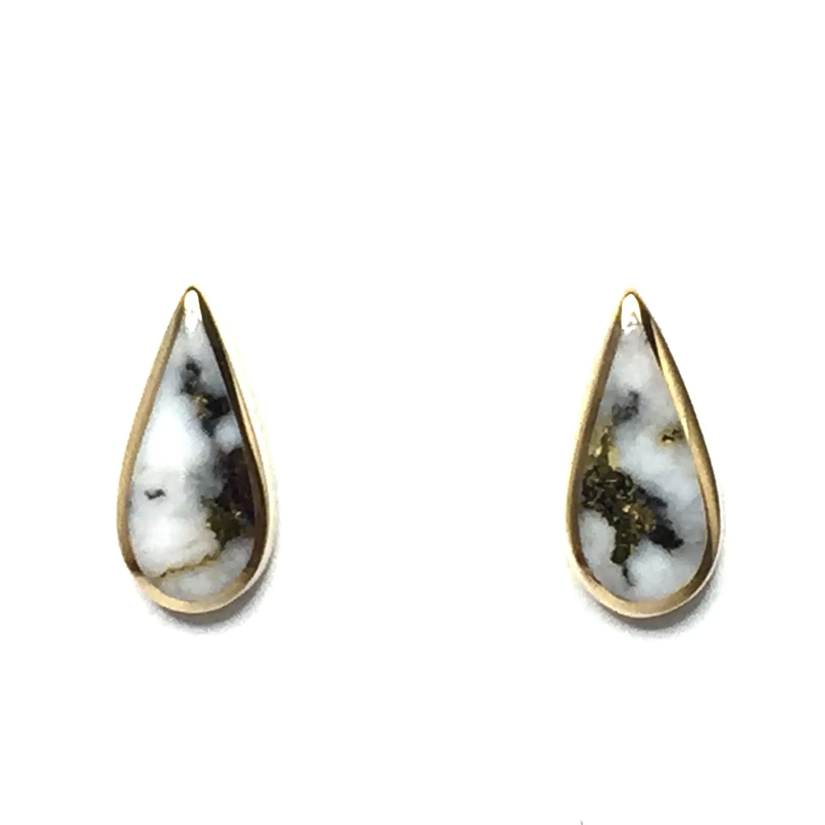 Gold Quartz Earrings Tear Drop Inlaid Design Studs