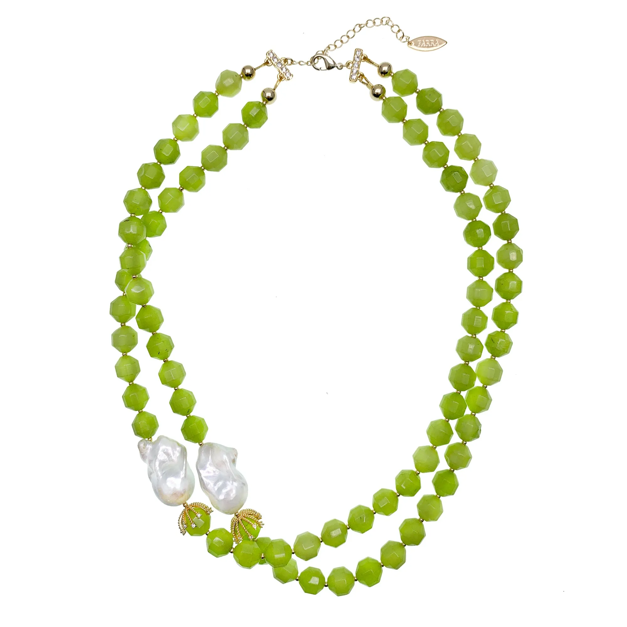 Green Jade With Baroque Pearl Double Strands Necklace HN014