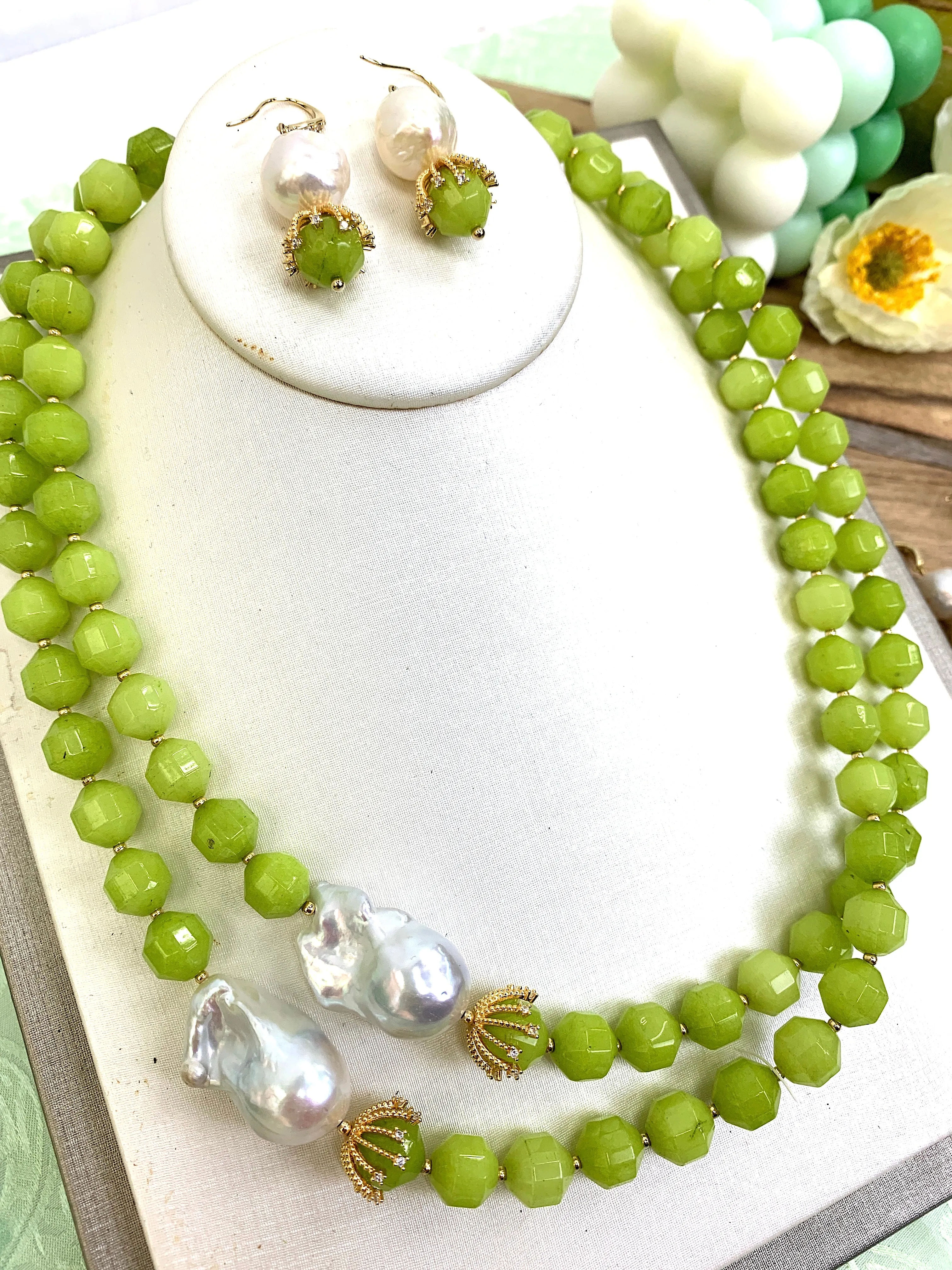 Green Jade With Baroque Pearl Double Strands Necklace HN014