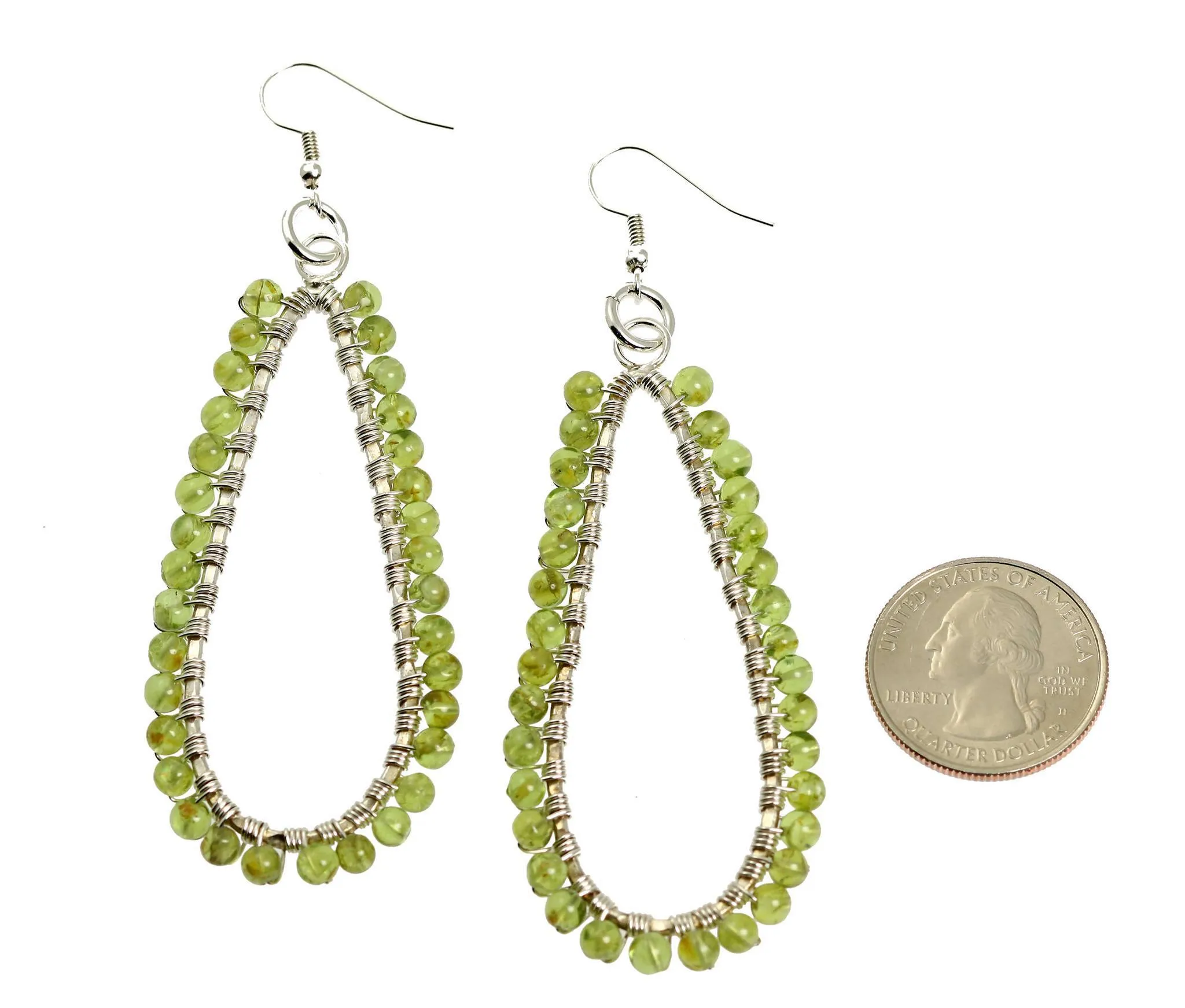 Hammered Fine Silver Wire Wrapped Tear Drop Peridot Earrings